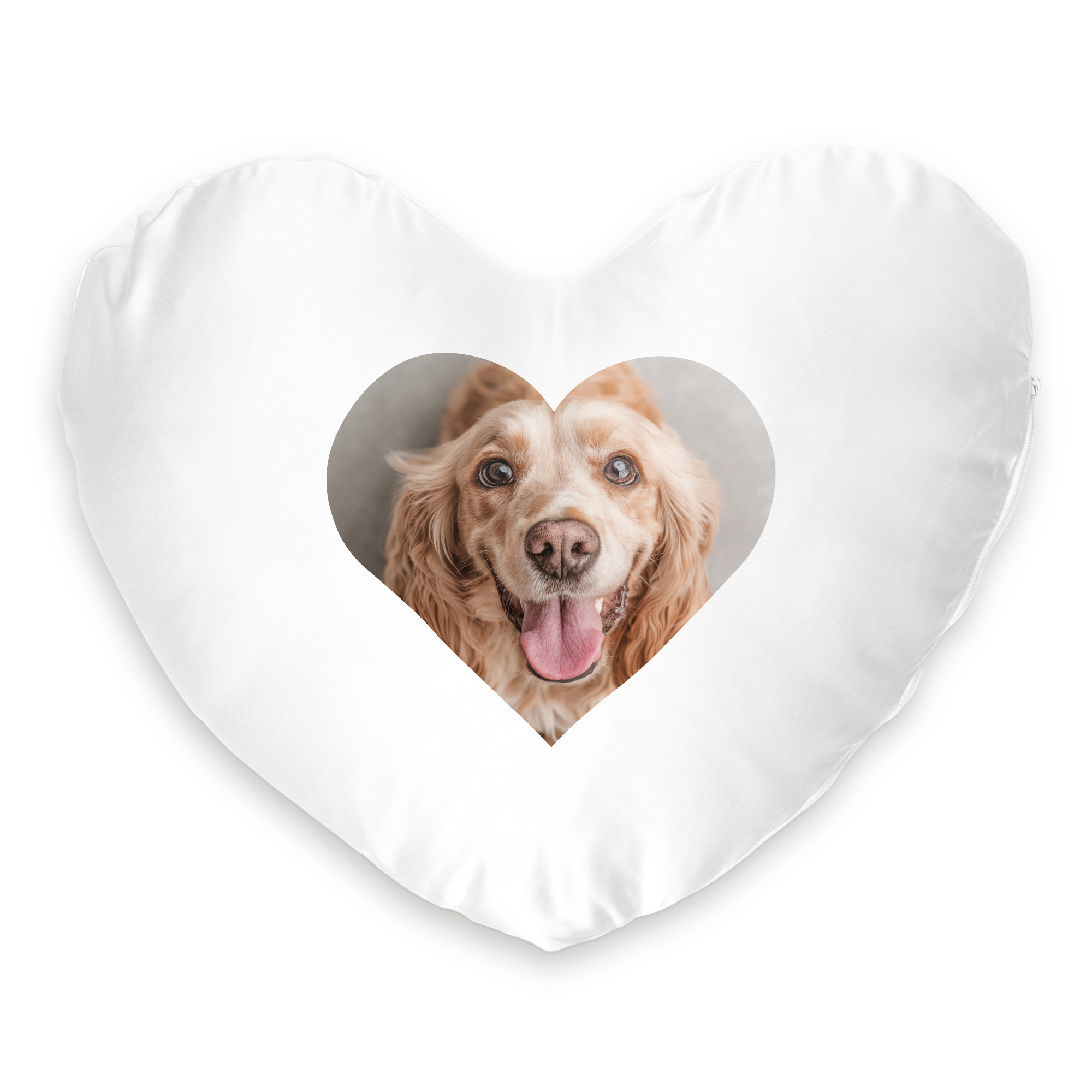 Cuscino bianco a forma di cuore personalizzato con la foto di un cane stampata