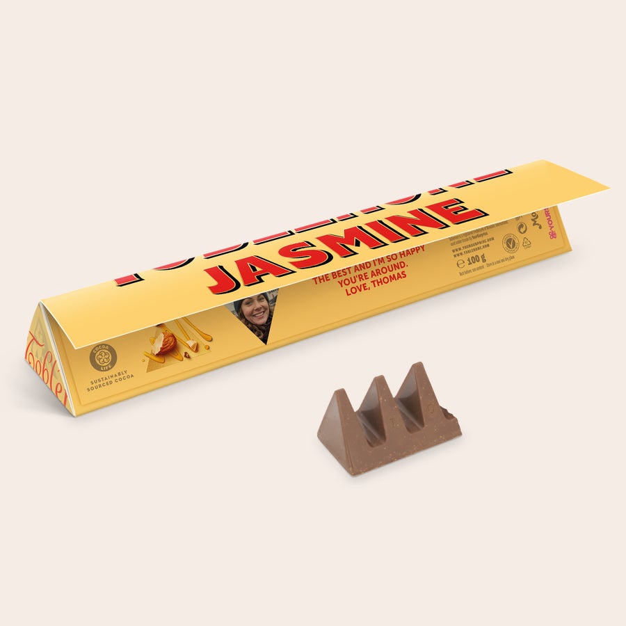 Personalised Toblerone Chocolate Bar Personalised Toblerone bar with printed name Jasmine photo and message