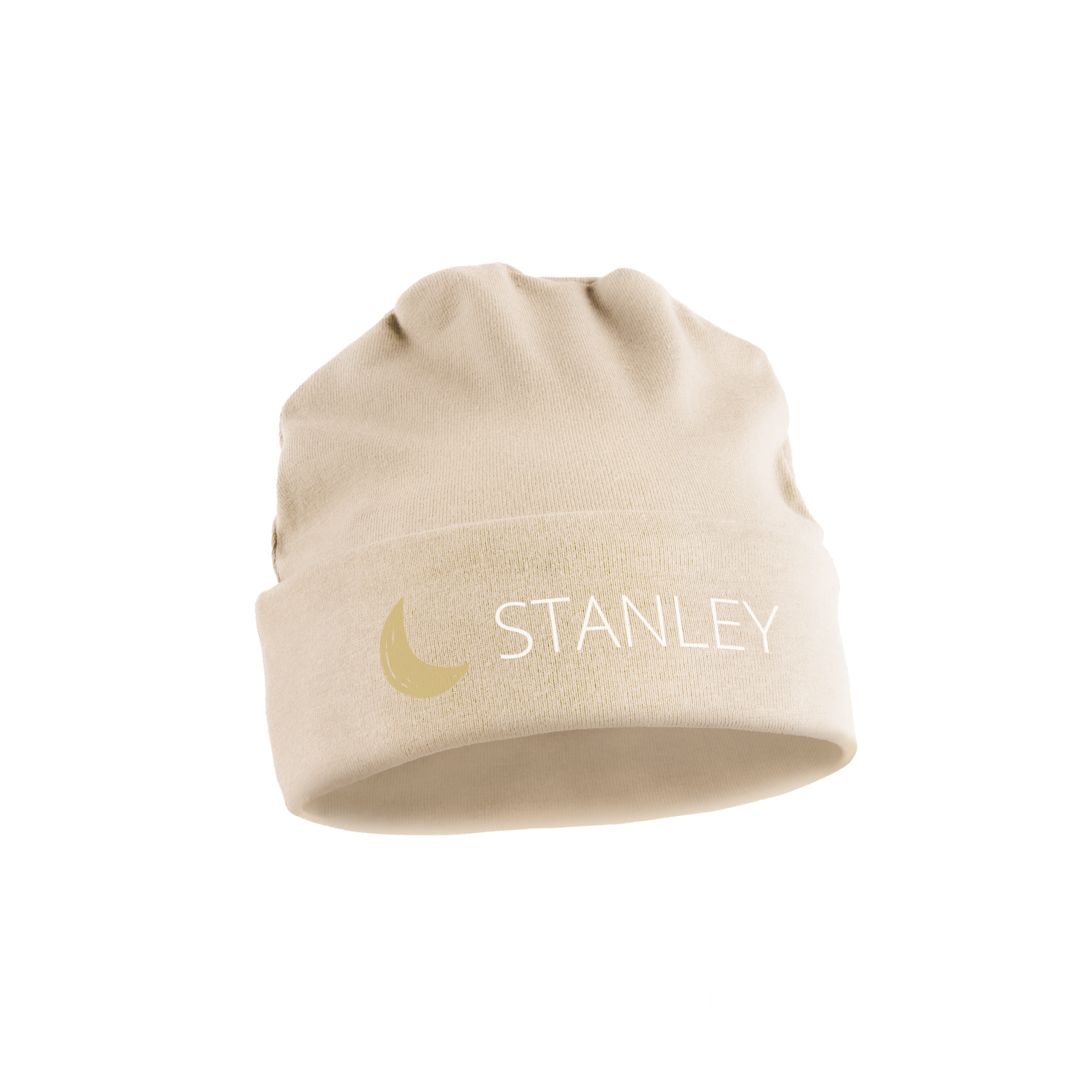 Béžový detský klobúk s potlačou mena Stanley a žltého mesiaca, ideálny pre tých najmenších.