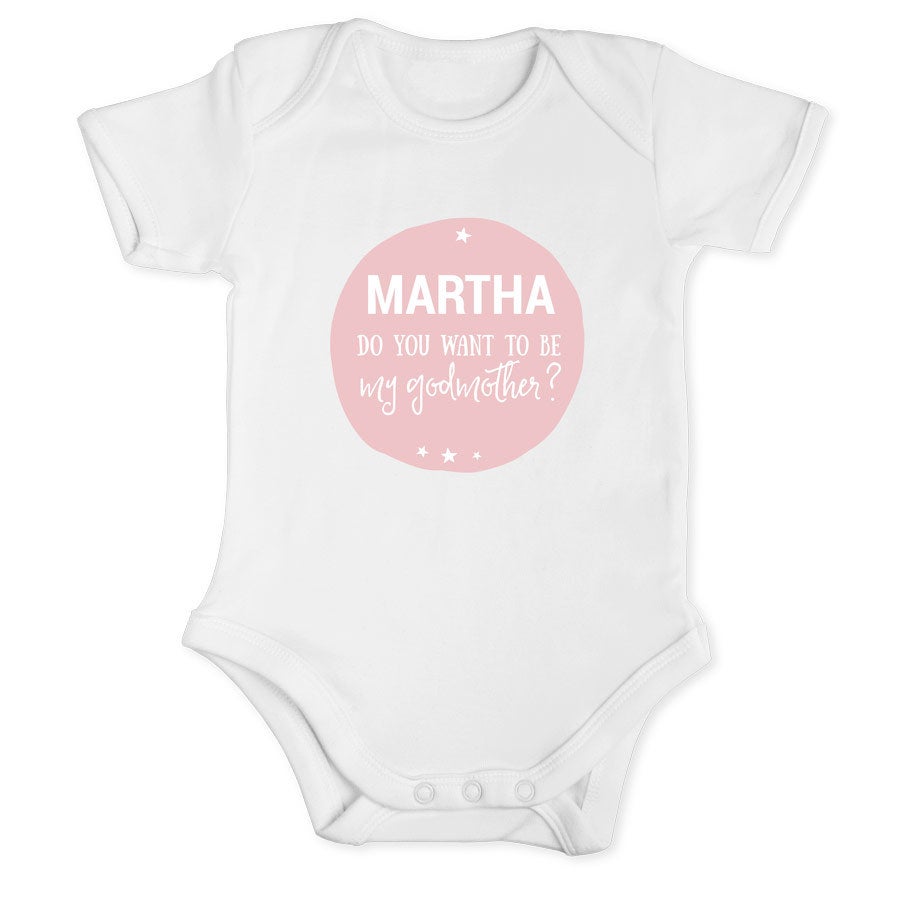 Sarai la mia madrina Tutina bianca in cotone personalizzata con stampa rosa "MARTHA DO YOU WANT TO BE my godmother?" per chiedere al futuro madrina di tuo figlio