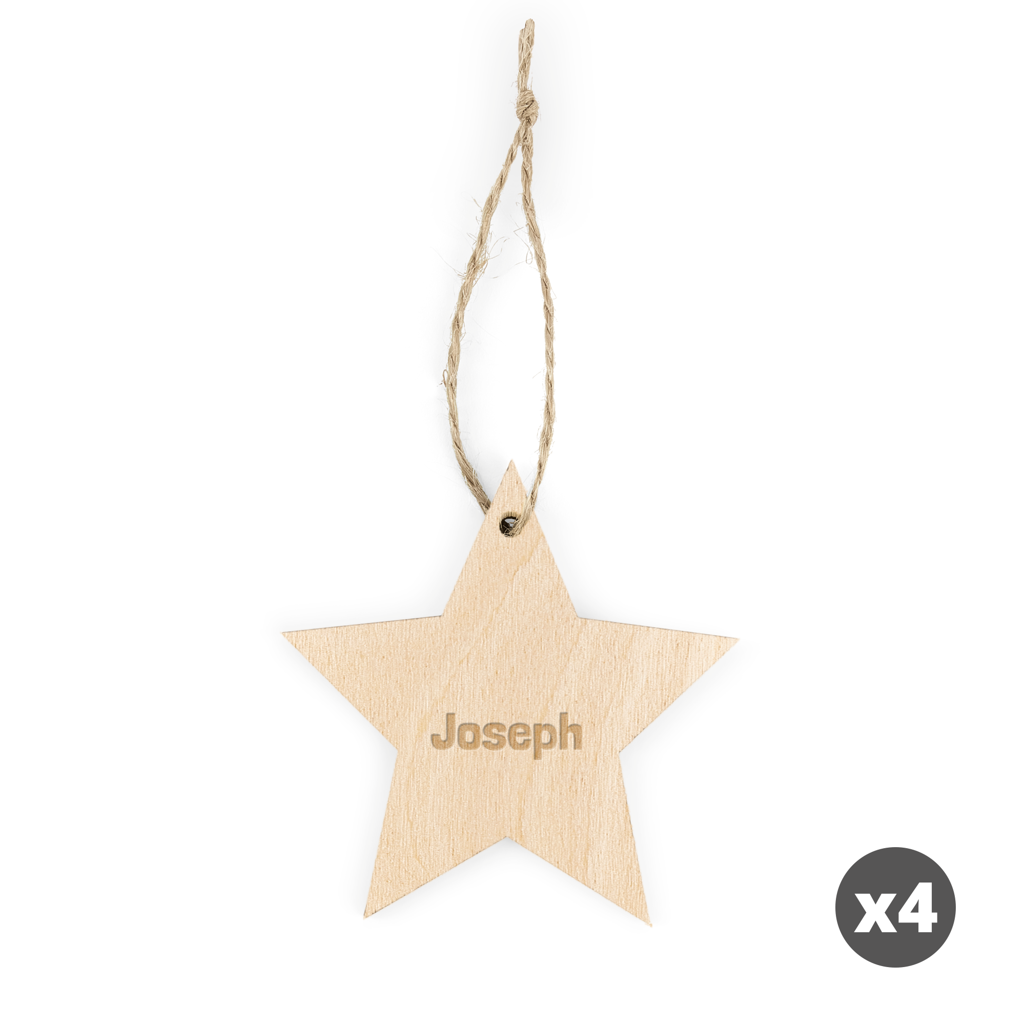 Accroche de Noël en bois clair en forme d'étoile avec le nom Joseph gravé pour décorer le sapin.
