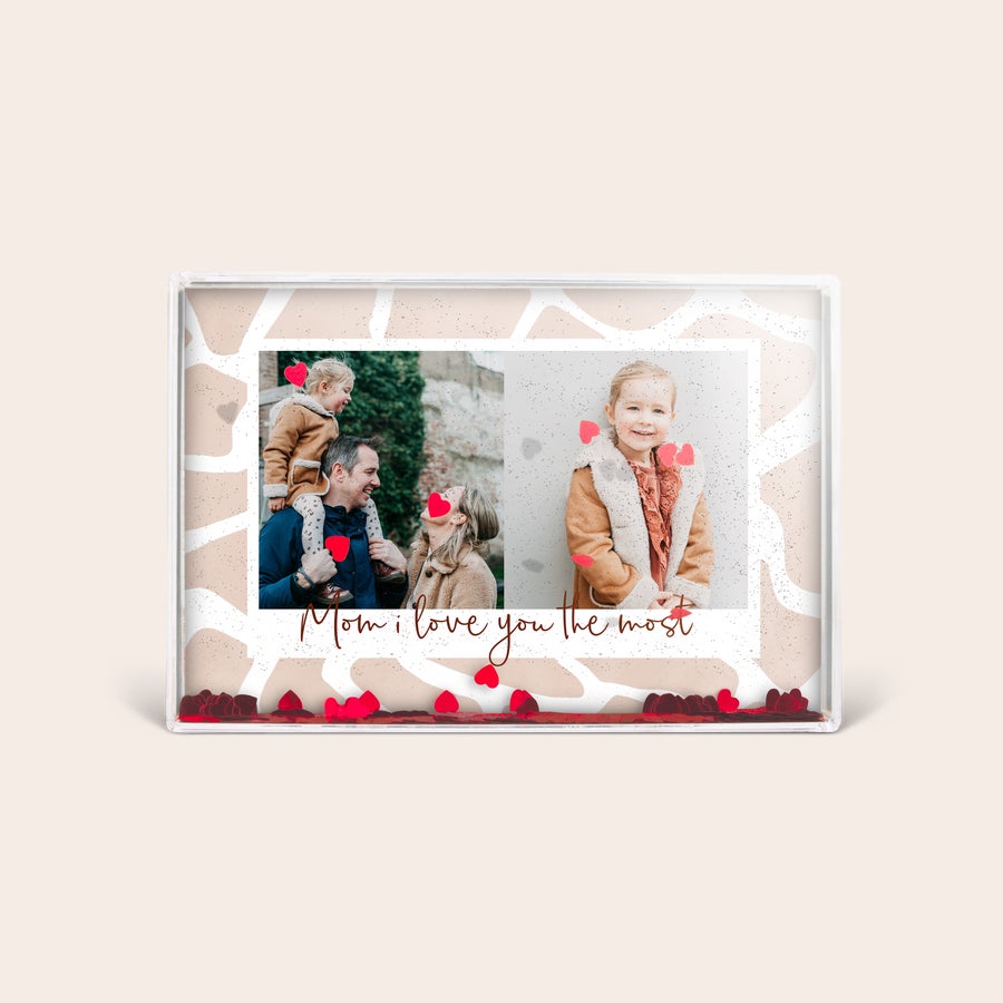Blok śnieżny ze zdjęciem Personalizowany fotoblok z Twoim zdjęciem i brokatowymi serduszkami, wydrukowany z napisem Mom I love you the most