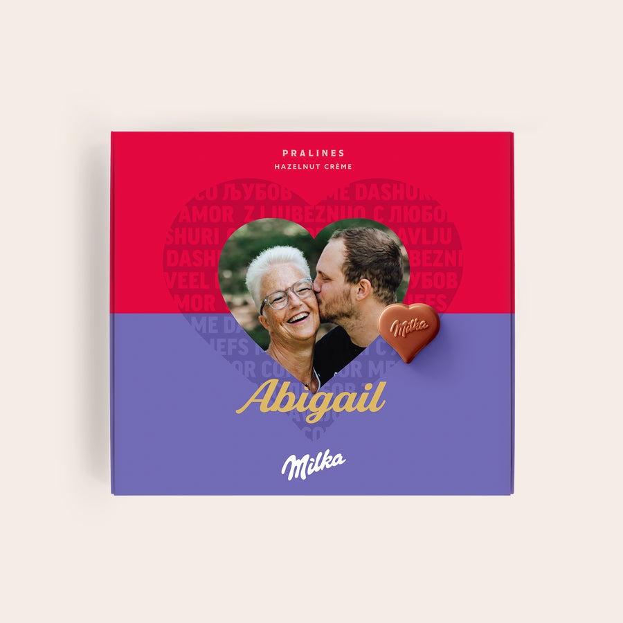 Milka Praliné Szerelem Személyre szabott Milka csokoládé díszdoboz Abigaillel és fényképpel, üzenettel, szív pralinékkel