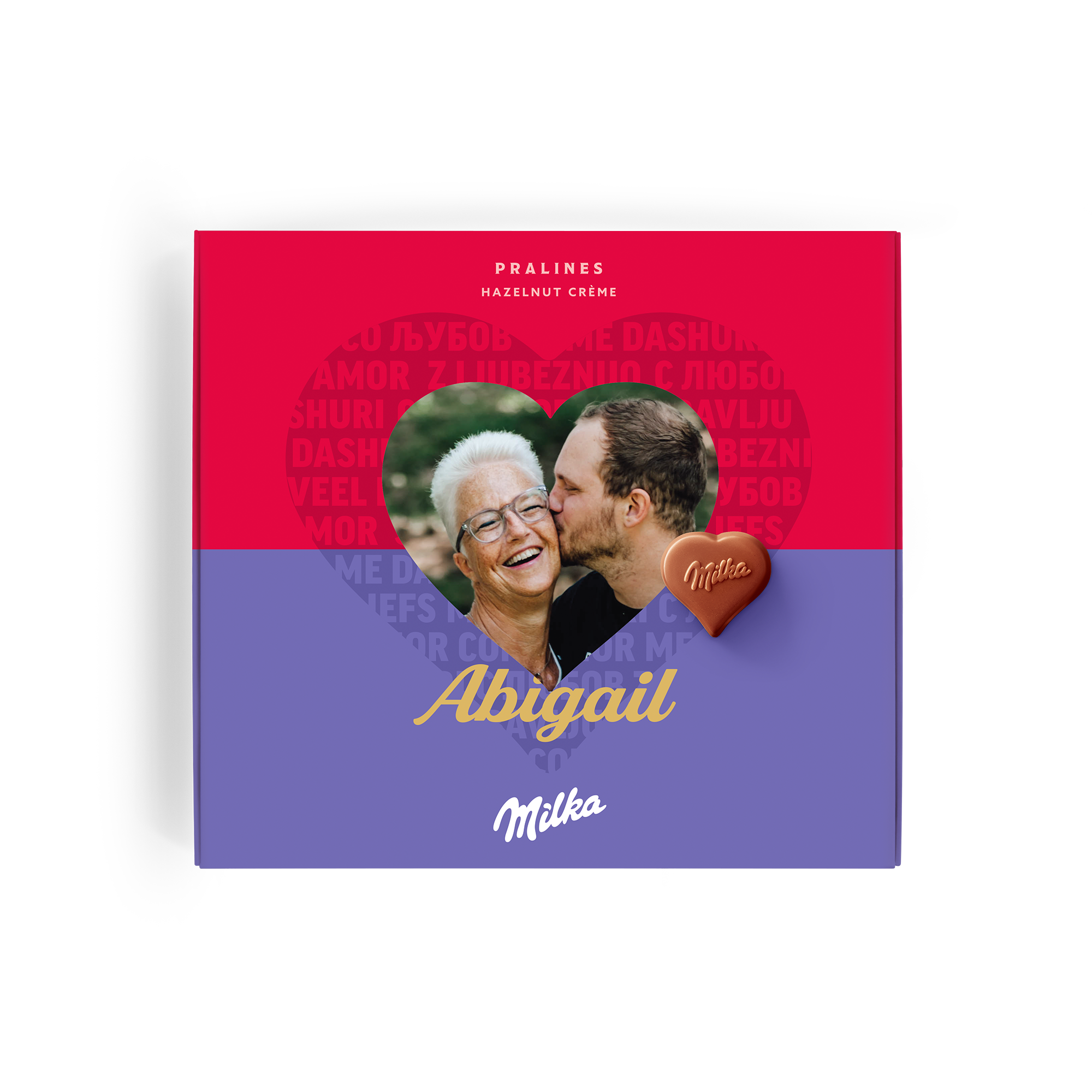 Caixa de presente de chocolate Milka Diga-o com Milka personalizada com foto de homem beijando mulher, nome Abigail e coração de chocolate