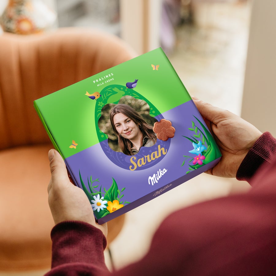 Pralinés de Milka Páscoa Caixa de presente de chocolate Say it with Milka personalizada com foto e nome Sarah impressos