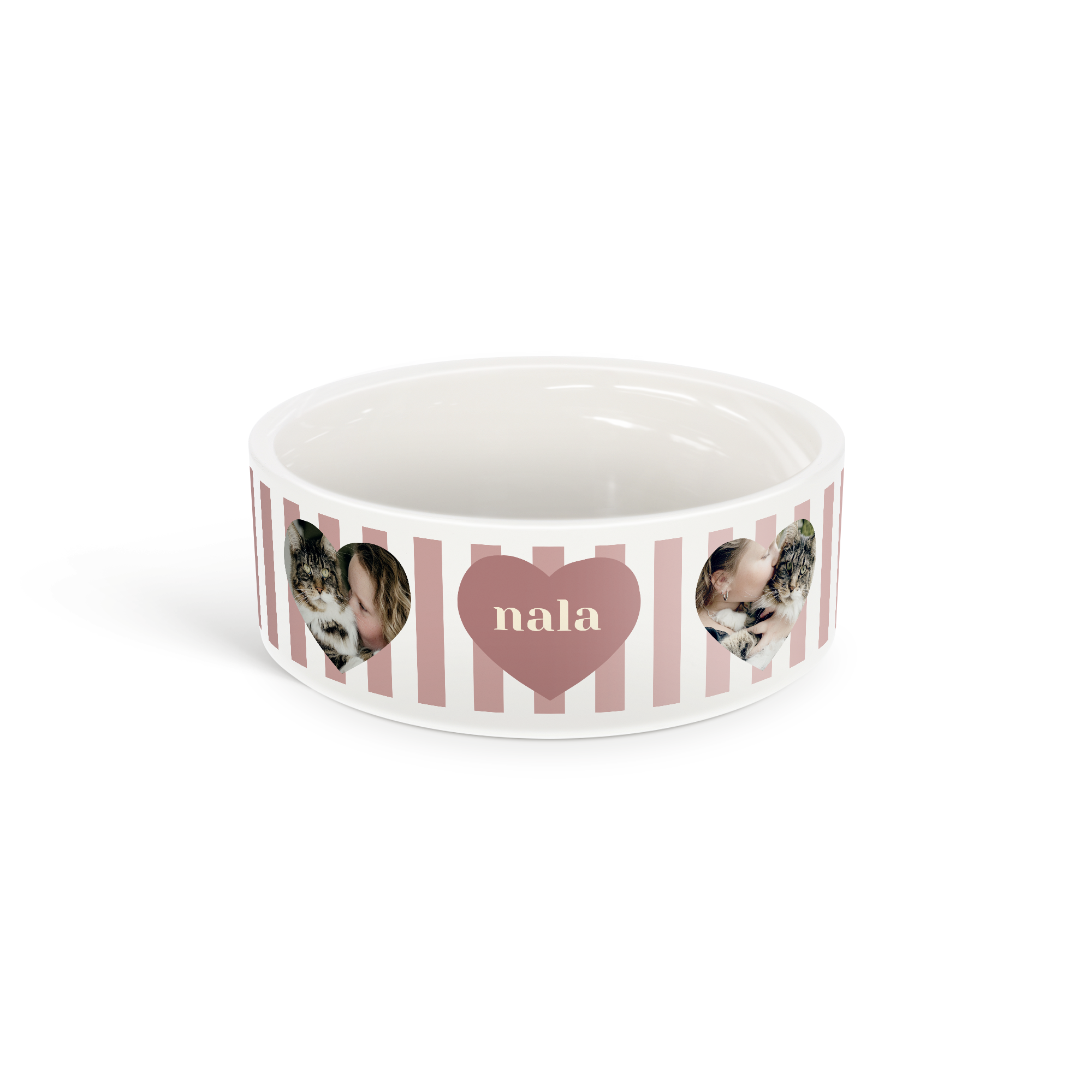 Tigela de comida personalizada para animais de estimação com fotos impressas em forma de coração e o nome Nala.