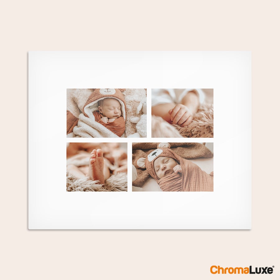 Cópias da foto de alumínio - Branco (Chromaluxe) Impressões fotográficas de alumínio Chromaluxe, com 4 fotos personalizadas de bebê recém-nascido.