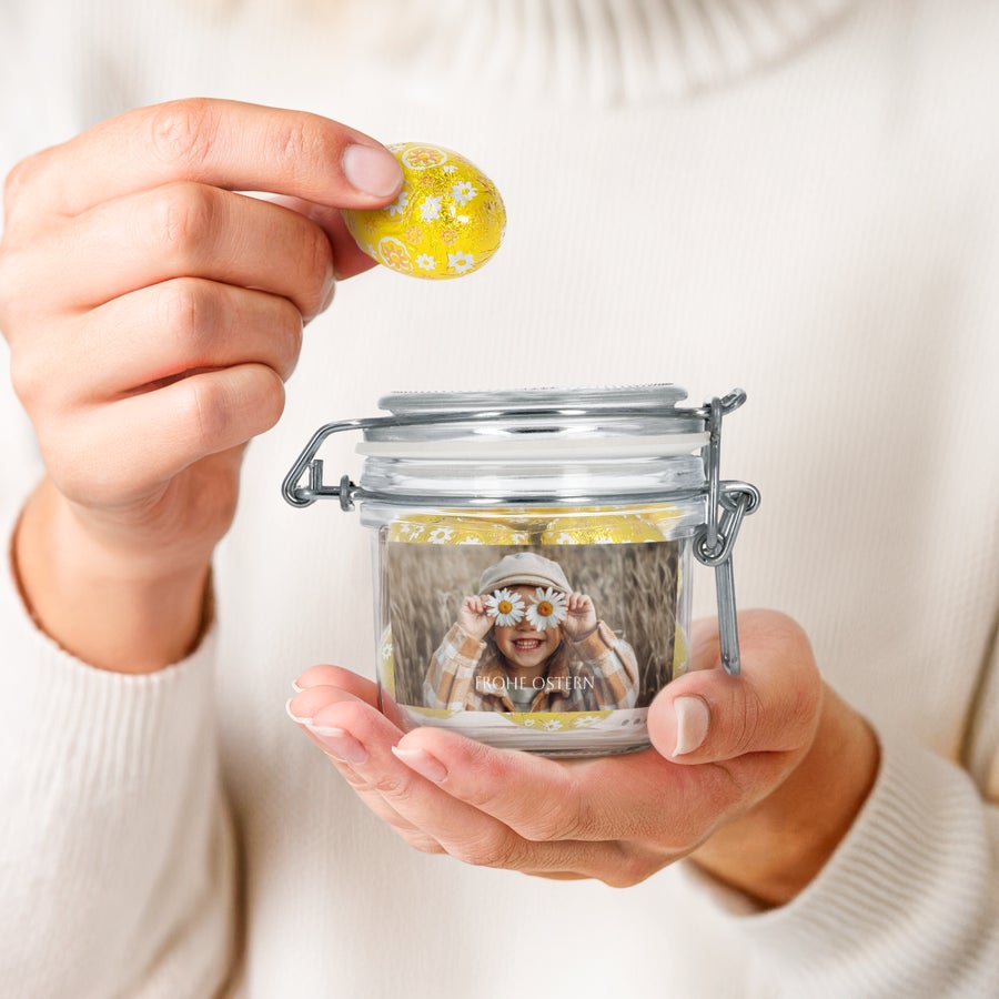 Personalisiertes Bonbonglas – 200 ml – Schokoladeneier Personalisiertes Bonbonglas – 200 ml – Schokoladeneier