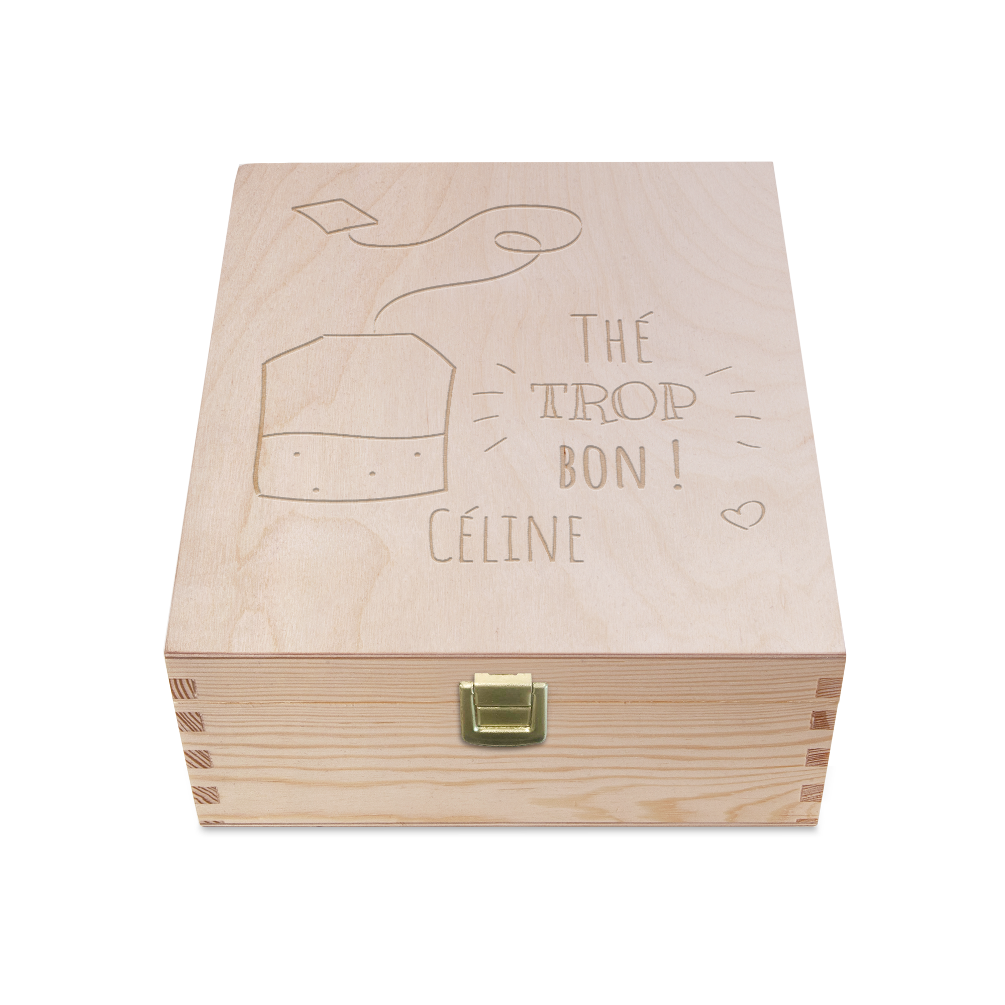 Boîte à thé gravée en bois clair avec l'inscription CÉLINE et le motif "THÉ TROP BON !", pour personnaliser l'heure du thé.