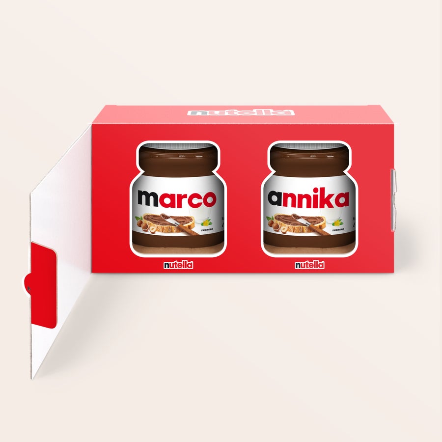 nutella® - 2er-Set Rotes nutella 2er-Set, personalisiert mit den Namen Marco und Annika auf den Etiketten der Gläser