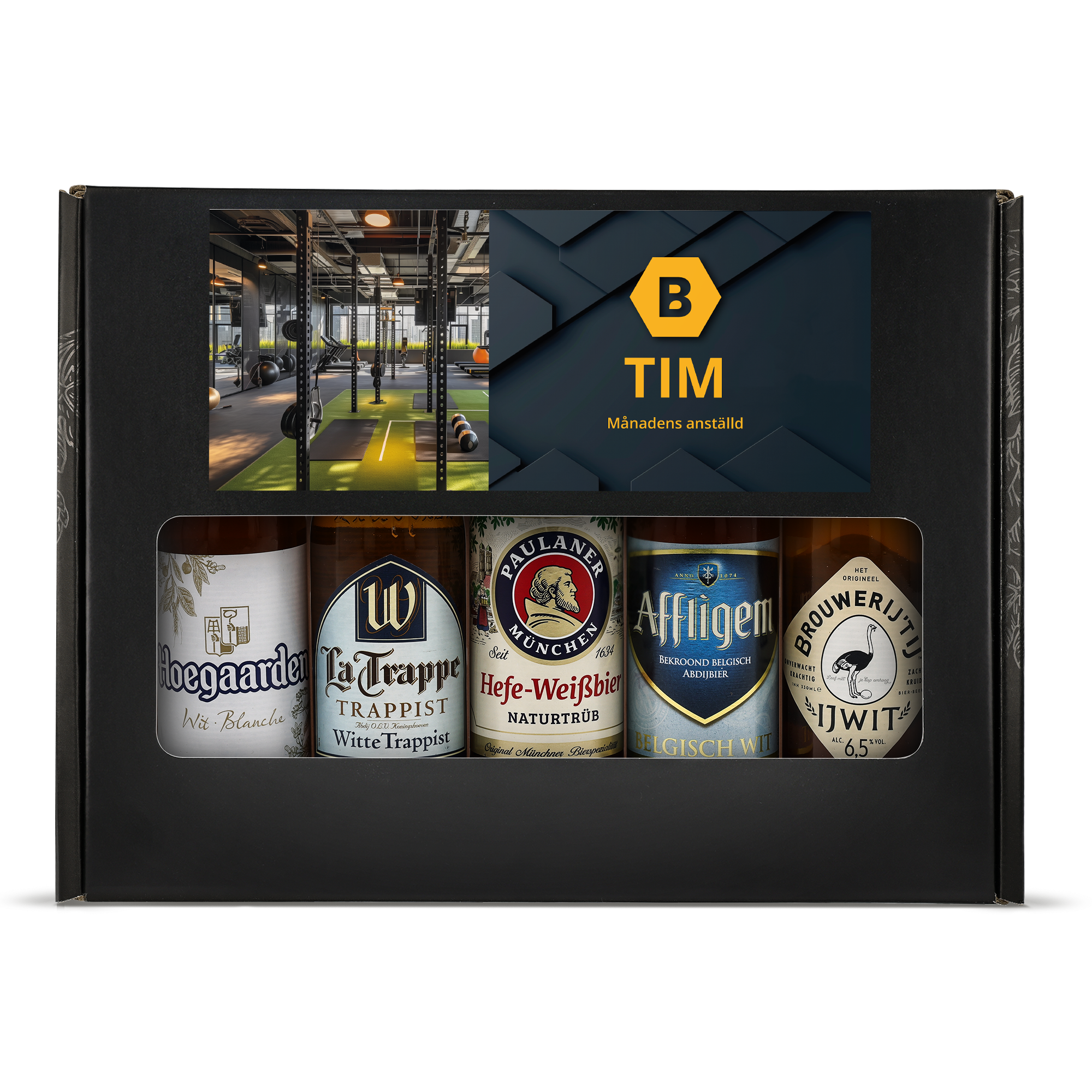 Personligt ölpresentset - Weizen i svart låda med ett tryckt foto, namnet Tim och texten Månadens anställd. Presentförpackning med fem ölflaskor.