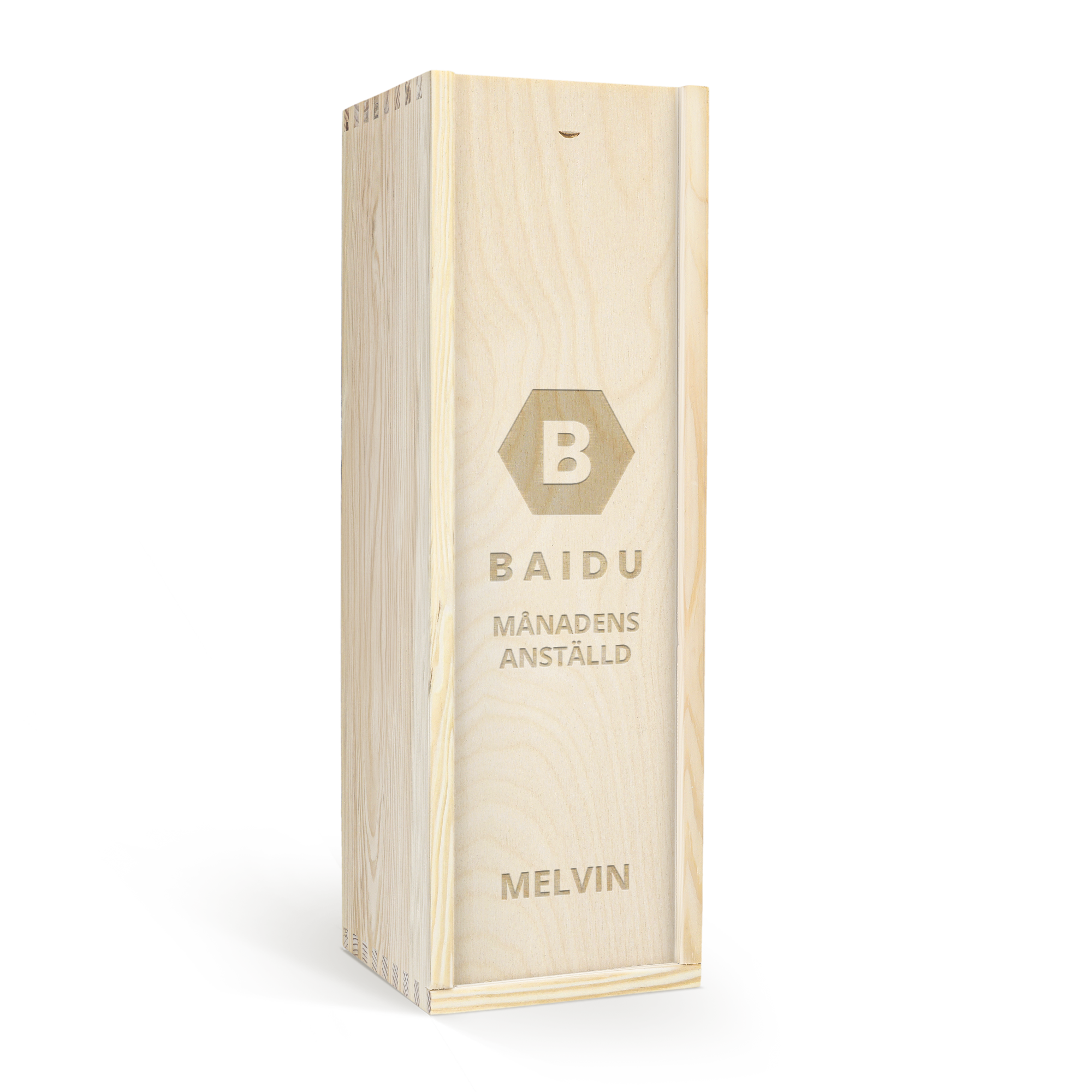 Trälåda graverad med initial, företagsnamn, 