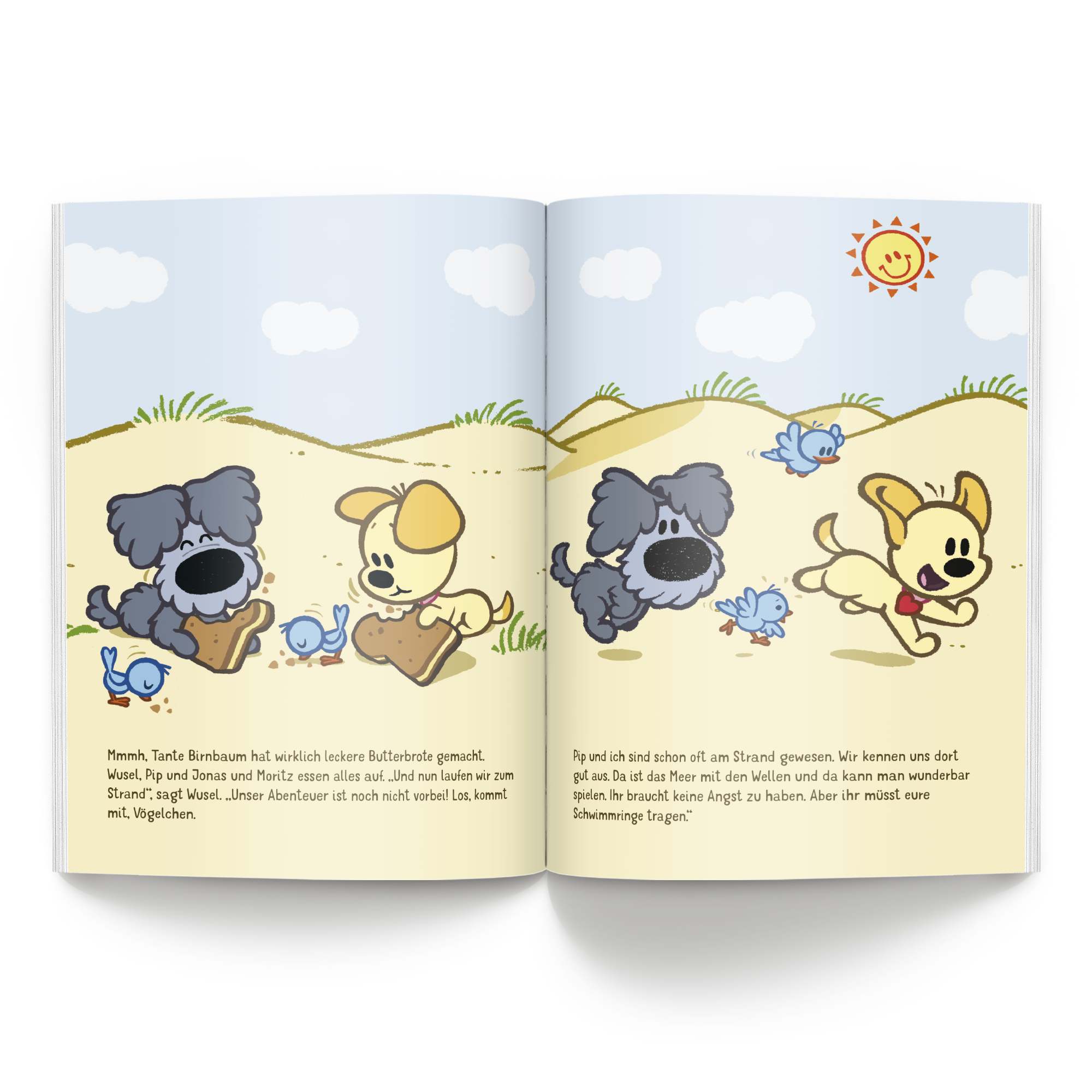 Personalisiertes Kinderbuch - Wusel & Pip und ihre neuen Freunde - XL Softcover, Innenseiten mit fröhlichen Comic-Hunden am Strand, personalisiert mit Text