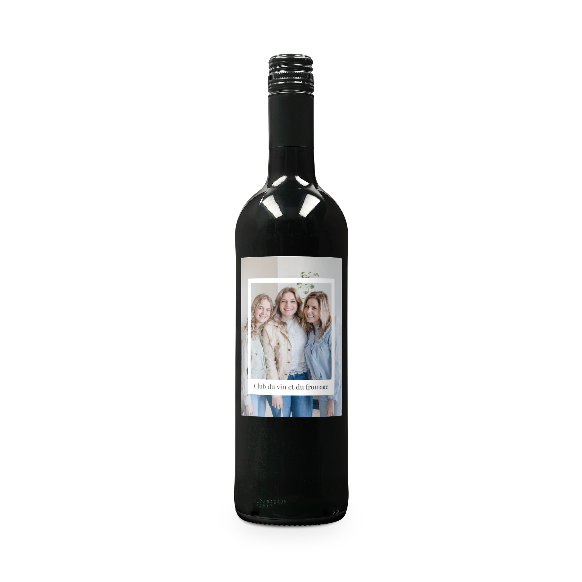 Bouteille de vin rouge Belvy avec étiquette personnalisée imprimée d'une photo et texte Club du vin et du fromage