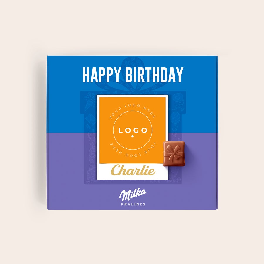 Czekoladki Milka - Urodziny Personalizowana bombonierka Milka z nadrukowanym napisem Happy Birthday i imieniem Charlie to najpyszniejsza czekolada specjalnie na urodziny