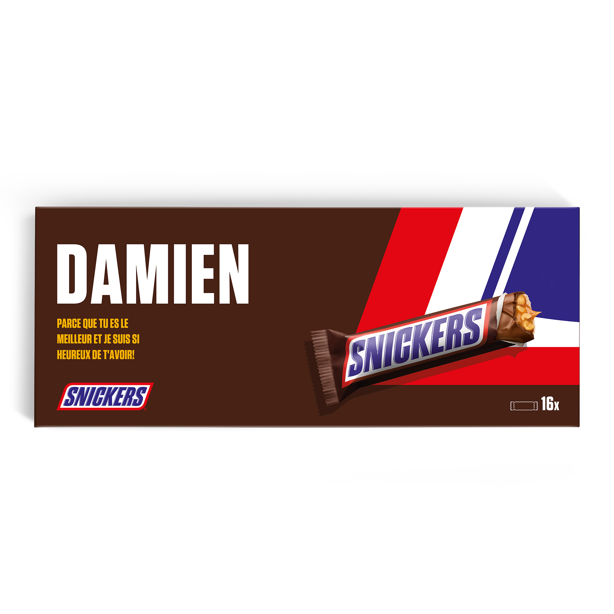 Méga Snickers personnalisé imprimé avec le nom Damien et un message, contenant 16 barres.