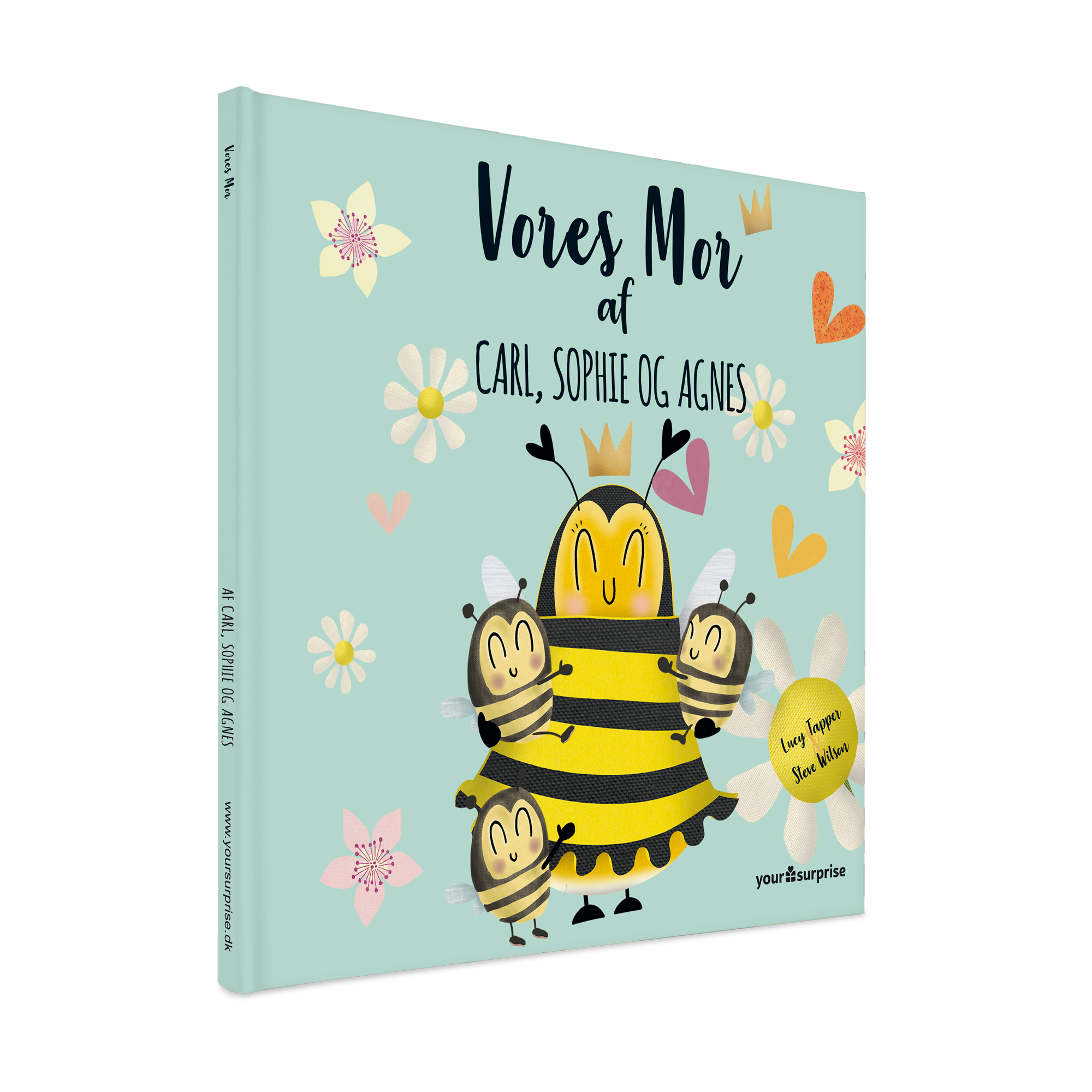 Personlig børnebog "Vores Mor" med forside designet med bier og navnene Carl, Sophie og Agnes, en fin måde at vise din mor hvor meget hun betyder for dig.