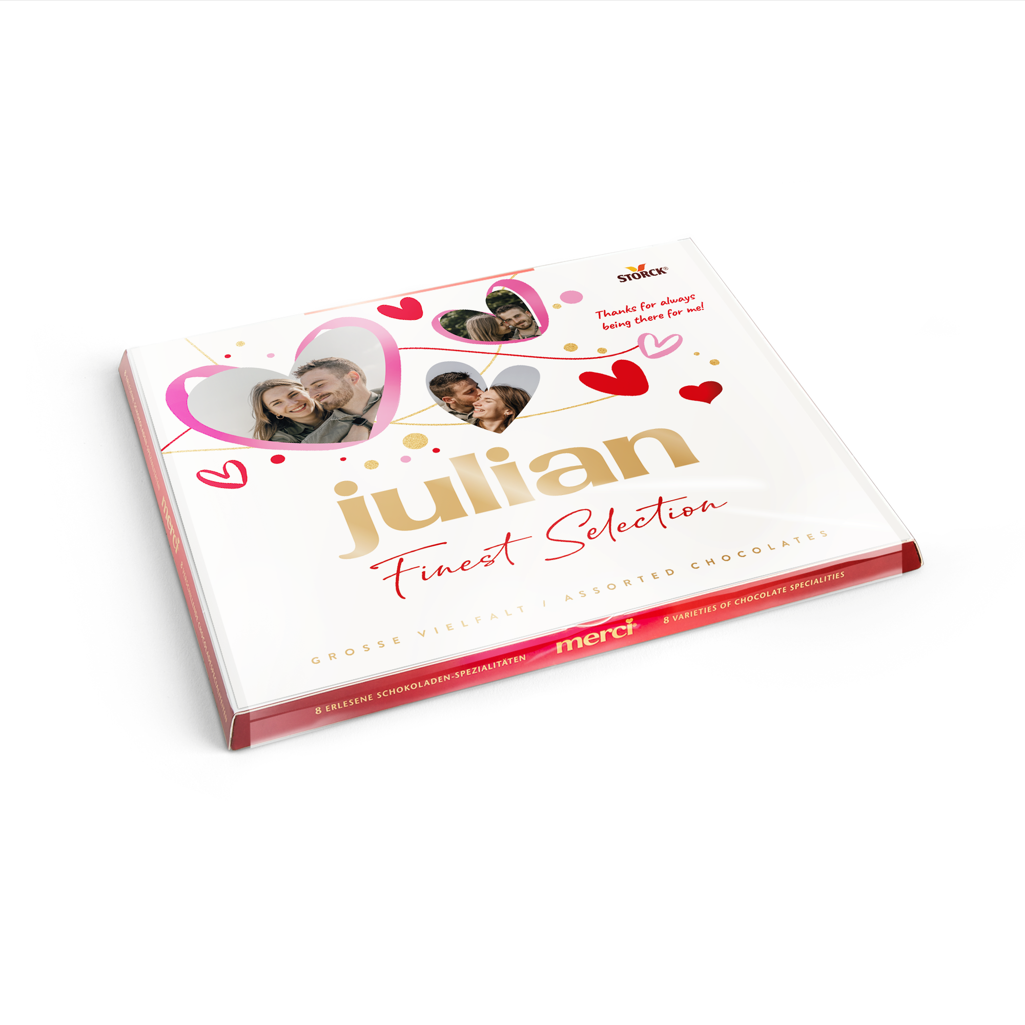 Ciocolata Merci cu card personalizat - 250 grame, cu mesaj și fotografii imprimate pe ambalajul personalizabil.