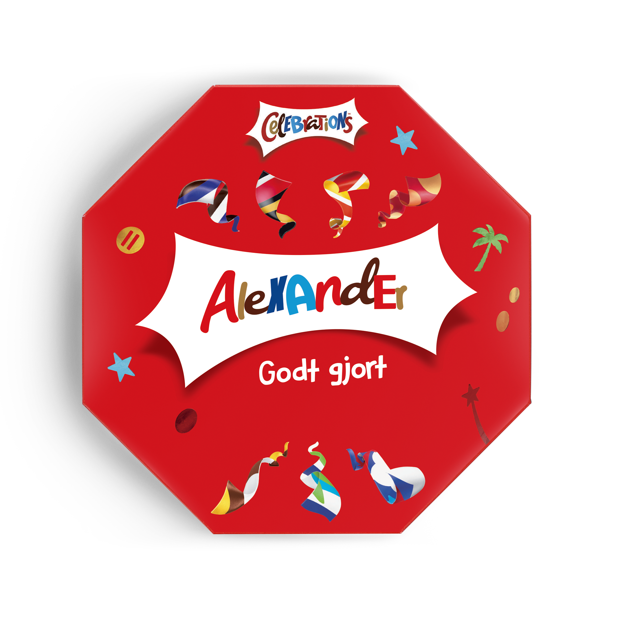 Personlig Celebrations-eske i rød farge, trykt med navnet 