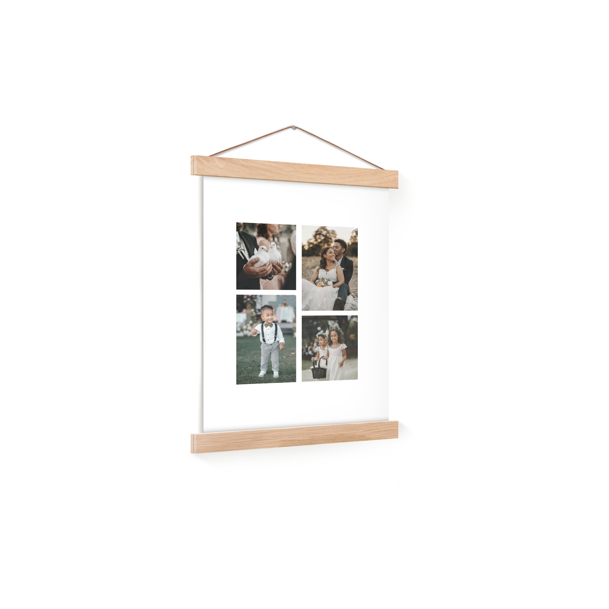 Fotoposter met houten magnetische posterhanger, gepersonaliseerd met vier eigen foto's van dierbaren