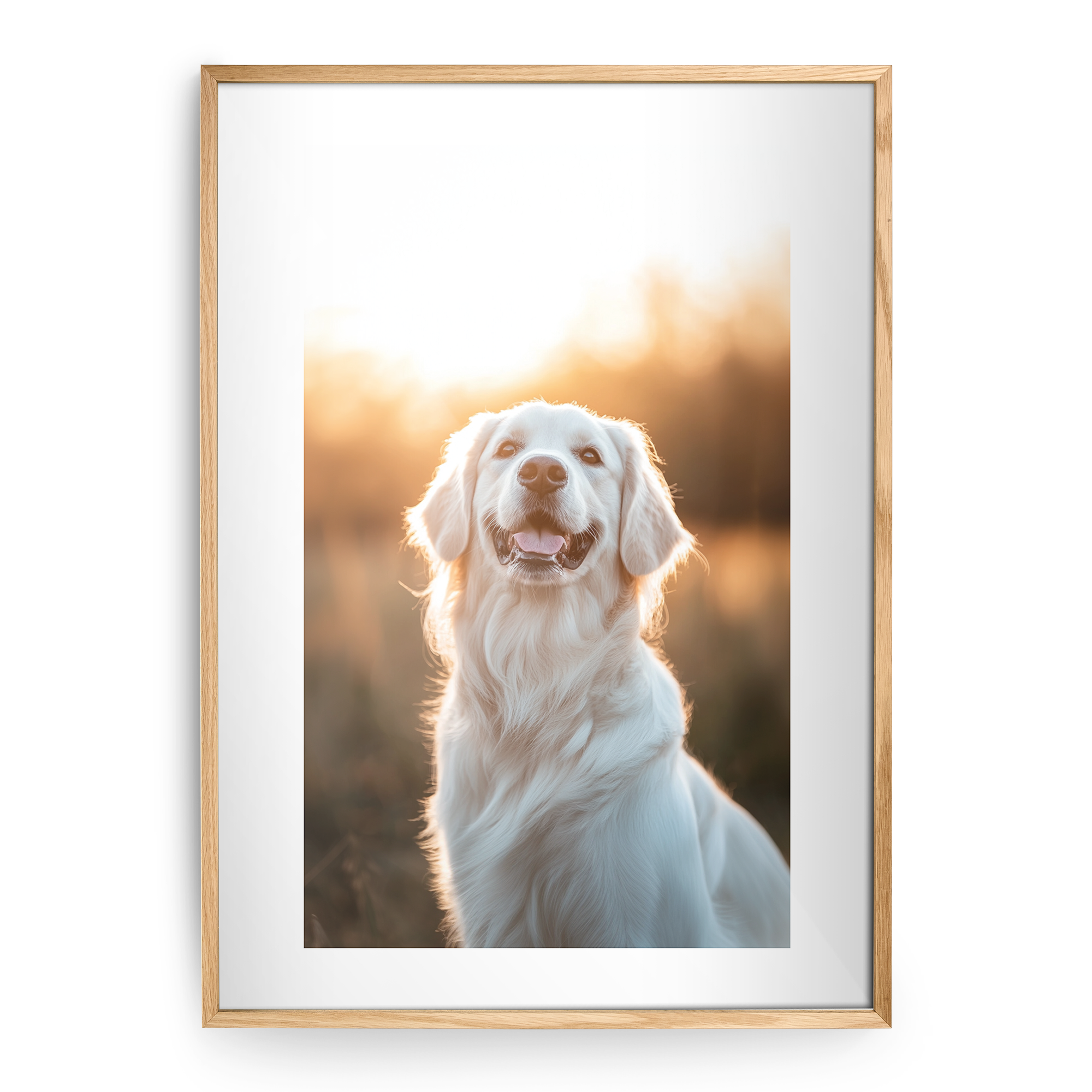 Foto personalizada de cachorro feliz na moldura de carvalho natural. Imortalize a sua memória mais bonita ao colocá-la numa linda moldura com foto à sua escolha