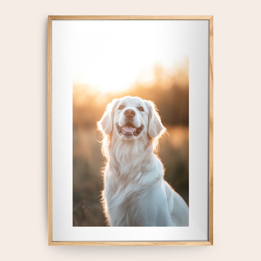Inramat foto En personlig affisch i träram med ditt valfria foto av en hund mot solnedgången, tryckt i färg.