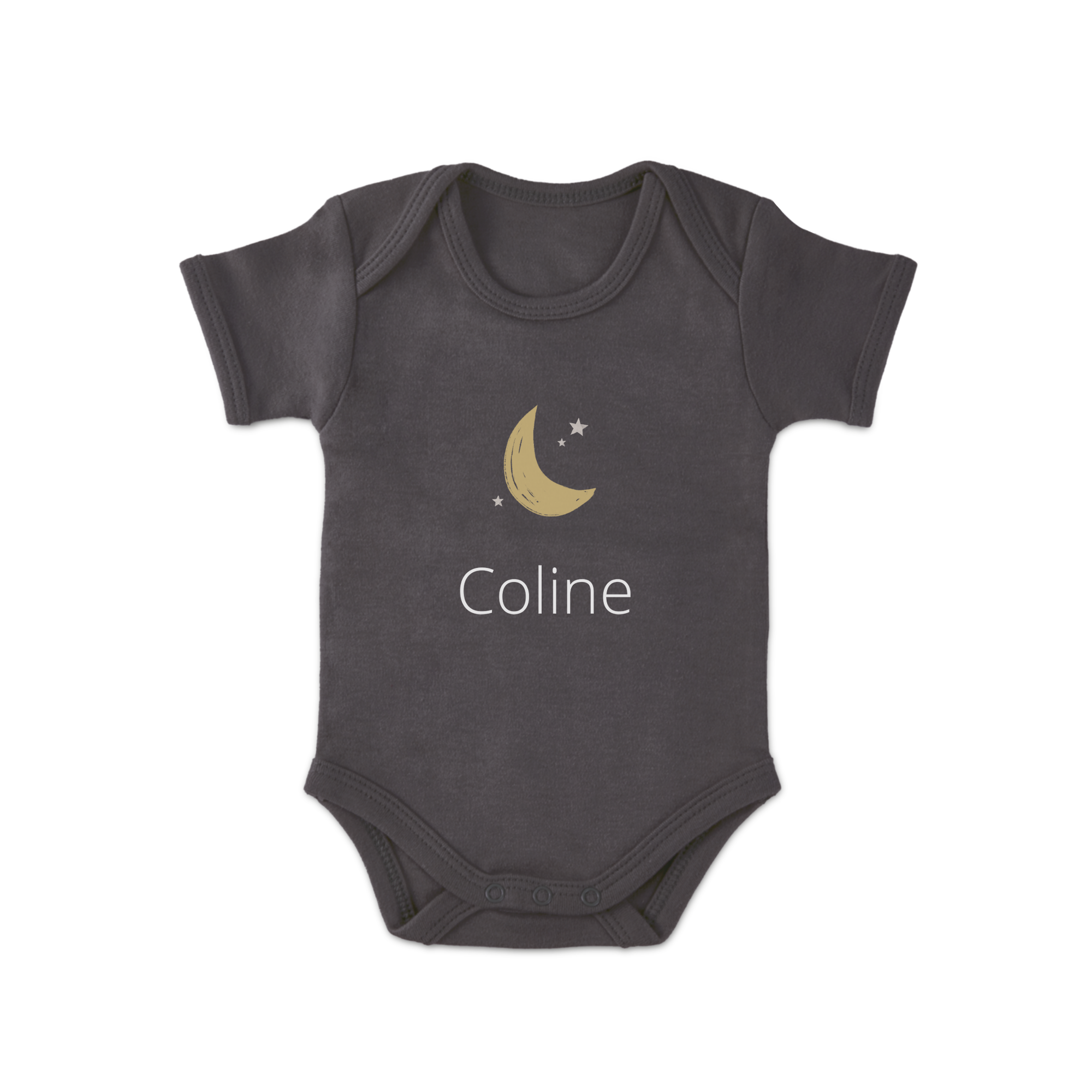 Body bébé gris personnalisé avec le prénom Coline imprimé sous une lune dorée et des étoiles.