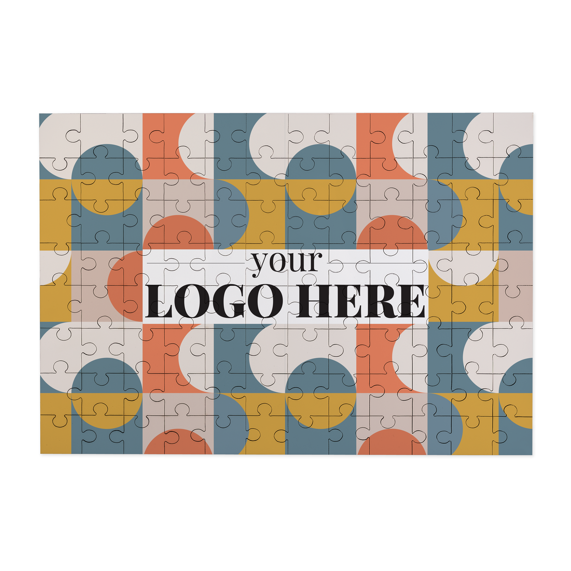 Puzzle personnalisé avec des formes géométriques colorées et un espace réservé « VOTRE LOGO ICI » au centre pour un cadeau unique