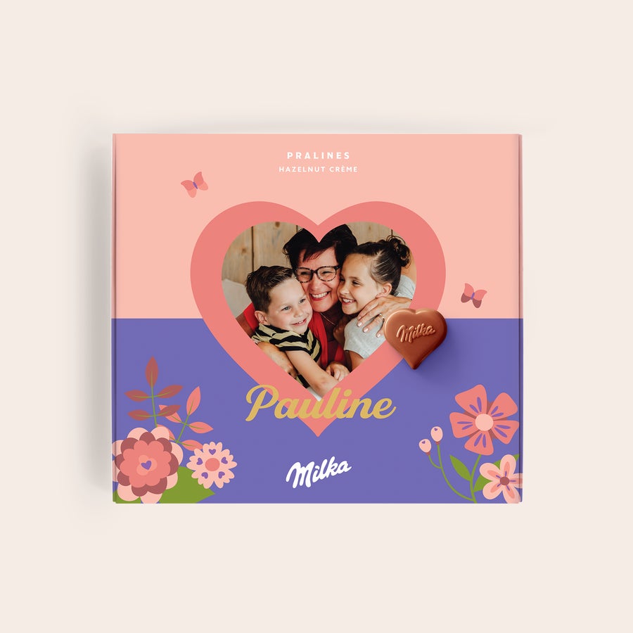 Chocolat Milka Fête des mères Coffret Milka personnalisé imprimé avec photo, nom Pauline et un cœur chocolat Faites savoir à votre mère que vous l'aimez