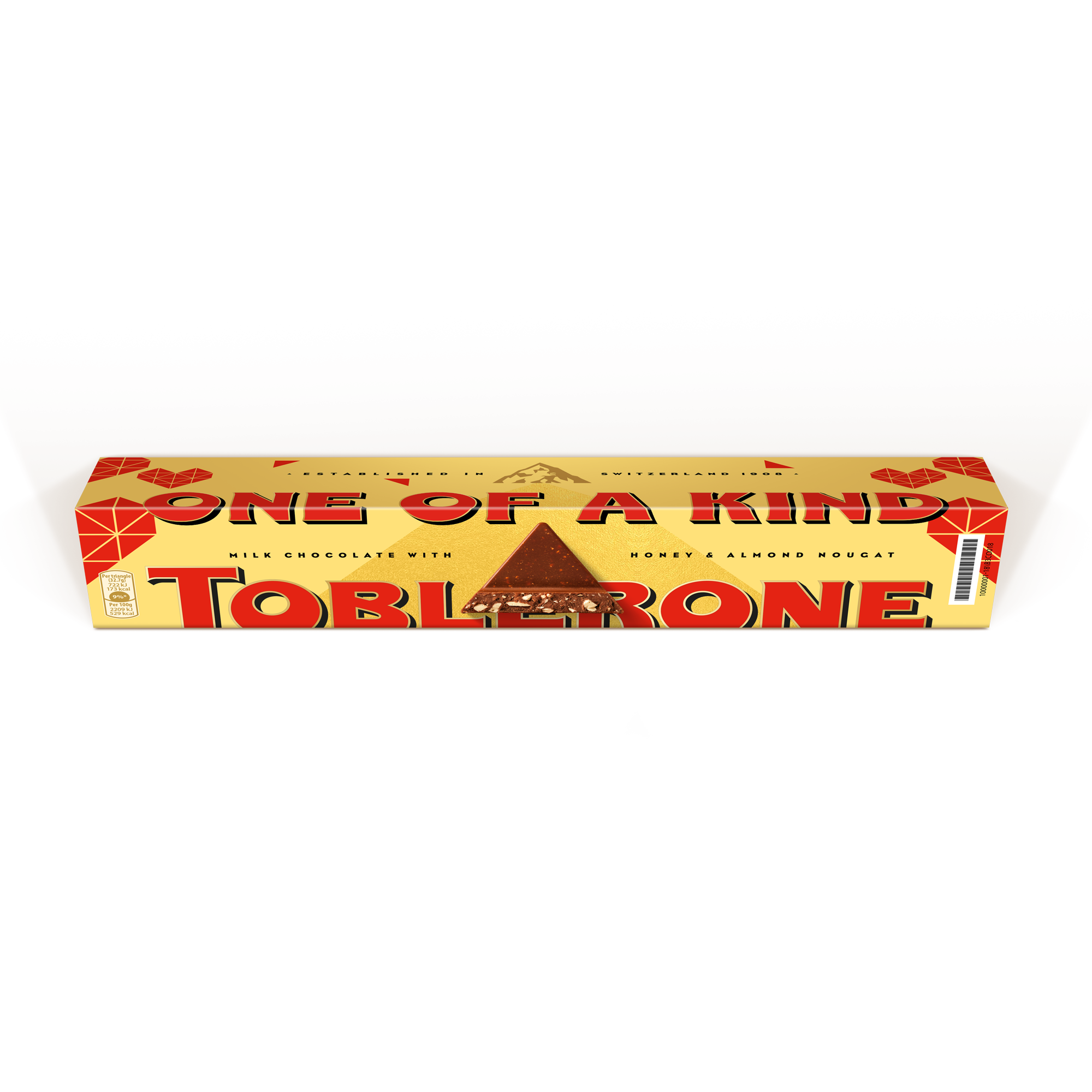 Barra de chocolate Toblerone grande con envoltura personalizada, impresa con una foto y el nombre en el centro.