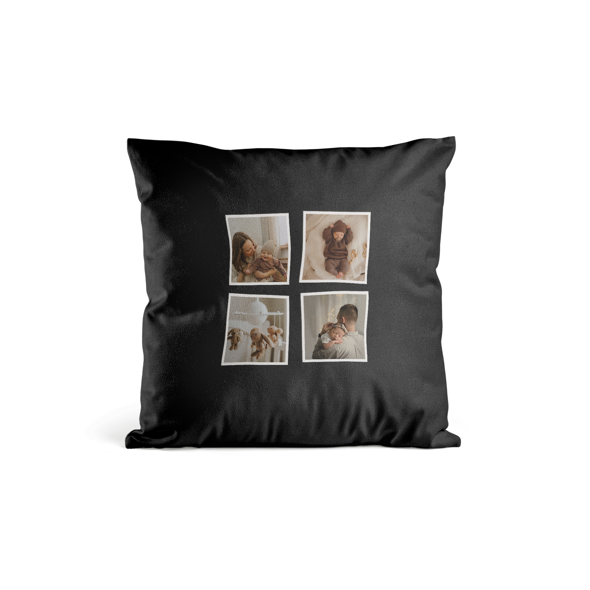Zwart super zacht gepersonaliseerd kussen met vier foto's van een baby erop bedrukt