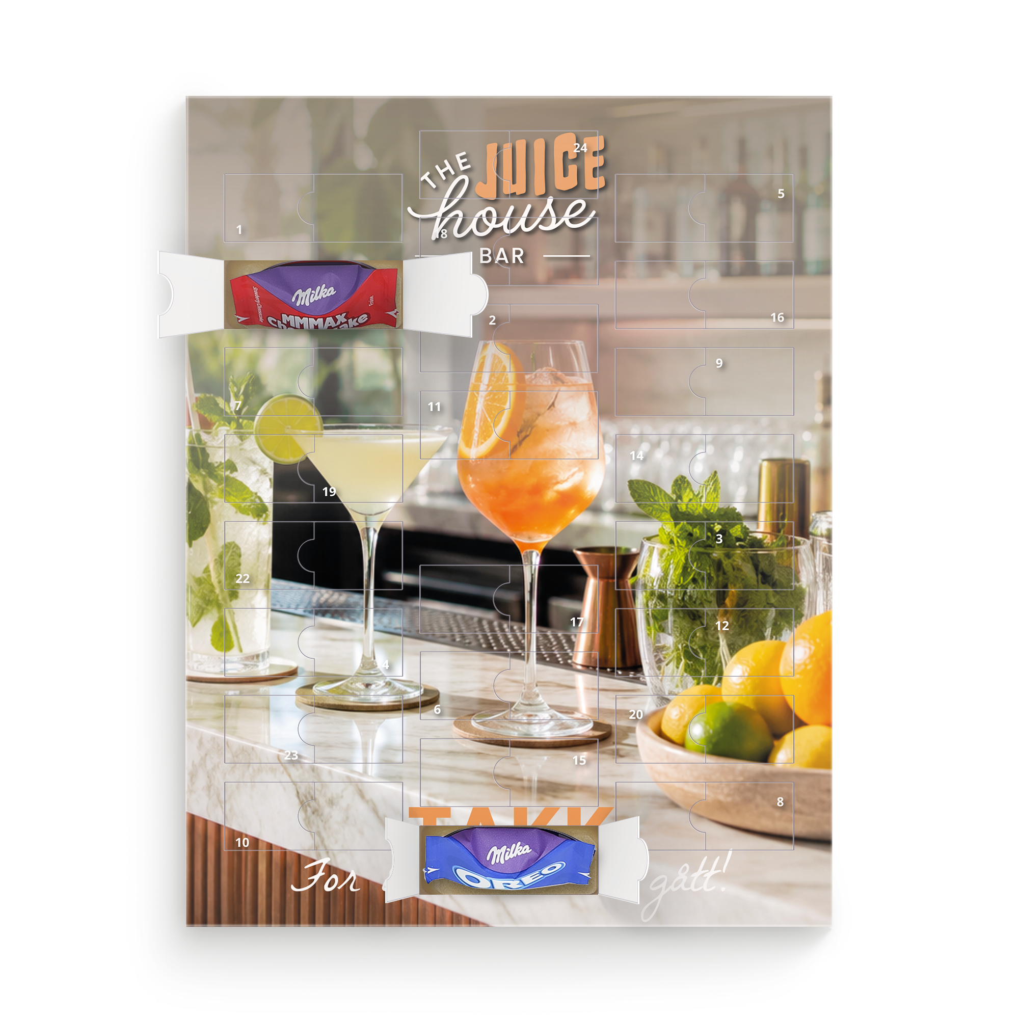 Milka Favourites adventskalender med personlig utskrift av «The Juice House Bar»-tema og Milka Oreo sjokolade.