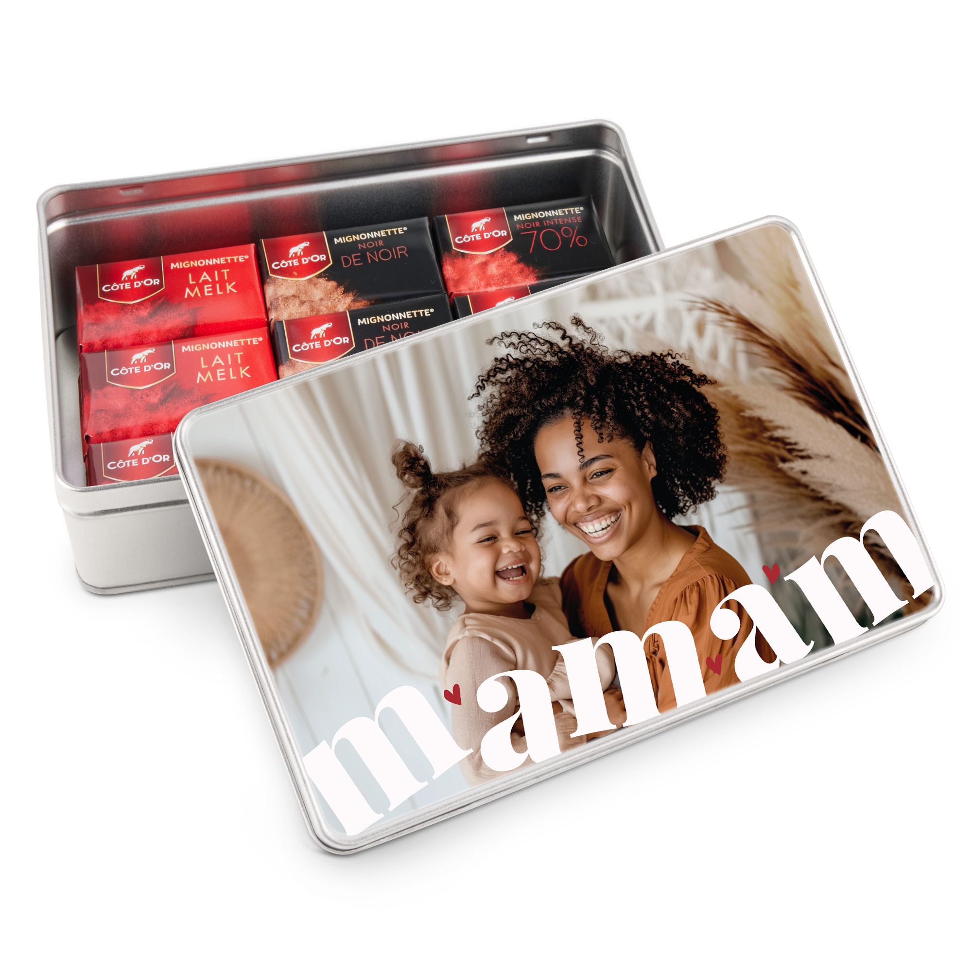 Boîte cadeau personnalisée avec photo mère enfant imprimée et chocolats Côte d'Or