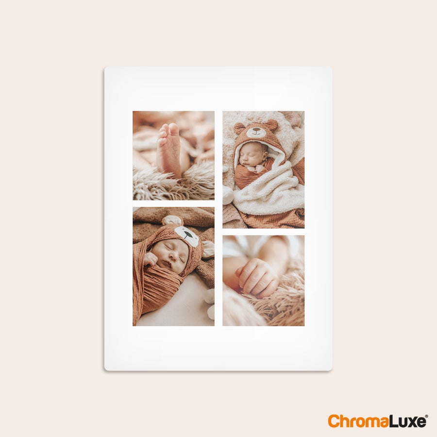 Foto auf Alu Fototafel mit vier personalisierten Babyfotos in natürlichen Farben, um eine Fototafel mit eigenem Foto und Text zu gestalten