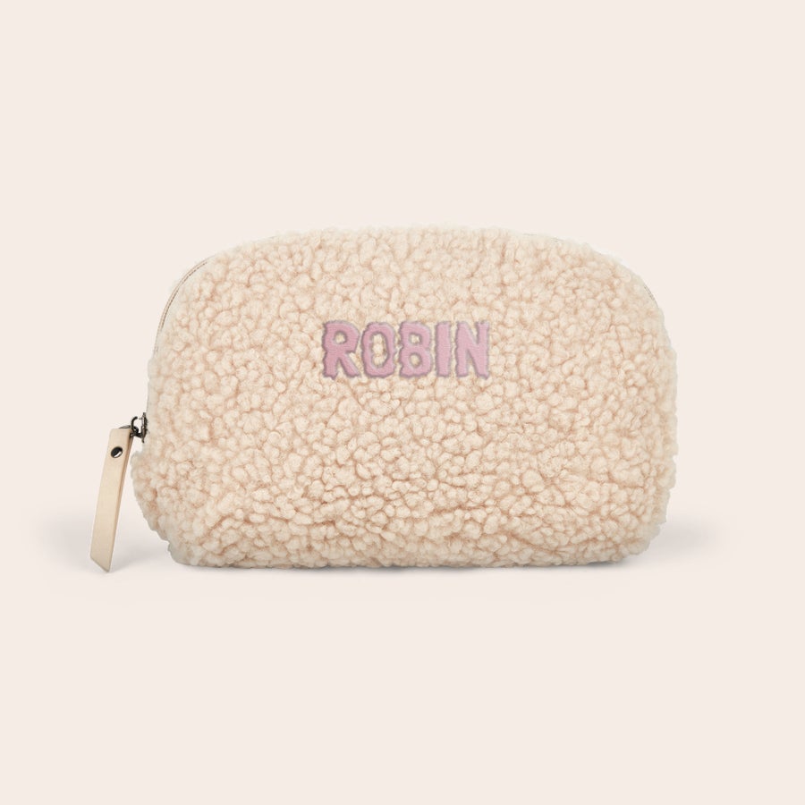 Personalizowana kosmetyczka teddy - Camel Miękka kosmetyczka pluszowa w beżowym kolorze z wyhaftowanym imieniem ROBIN różową nicią