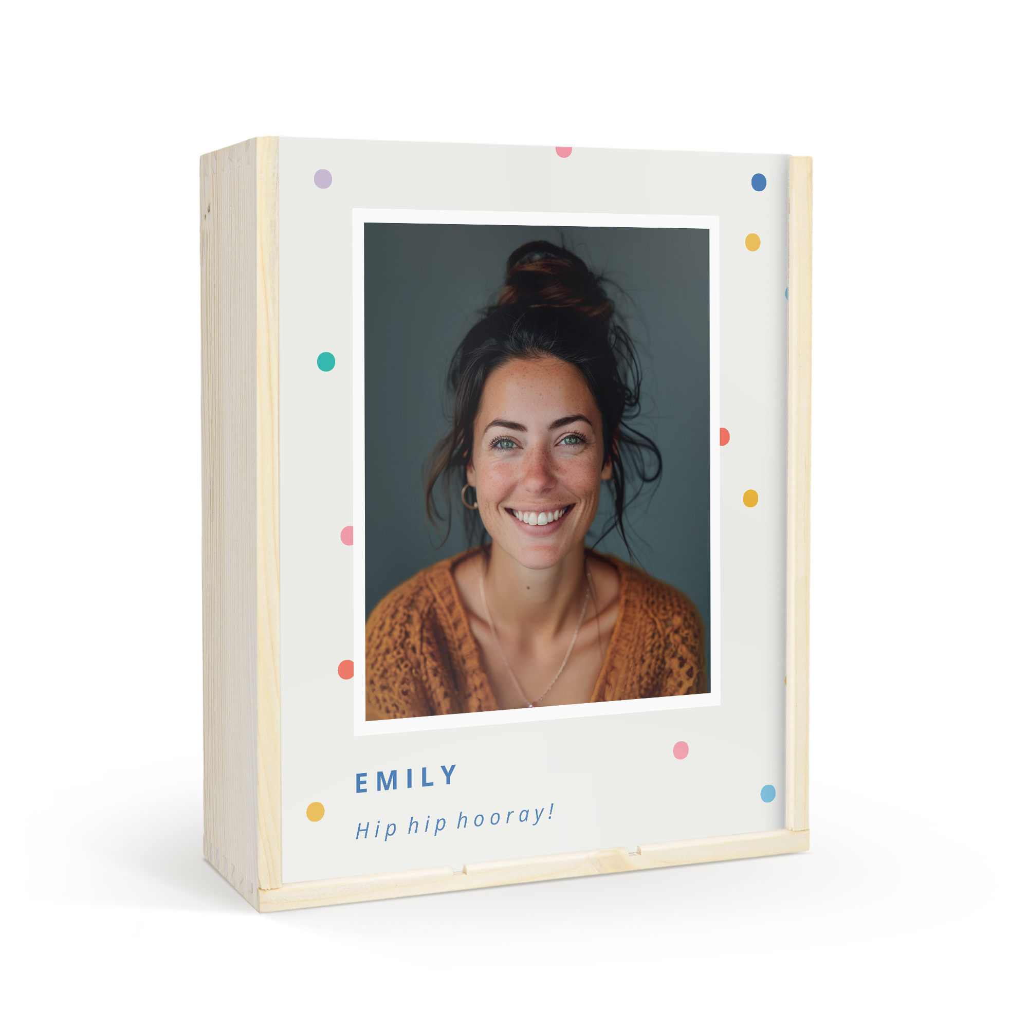 Personalized wooden wine case printed with a photo of a woman and the name Emily