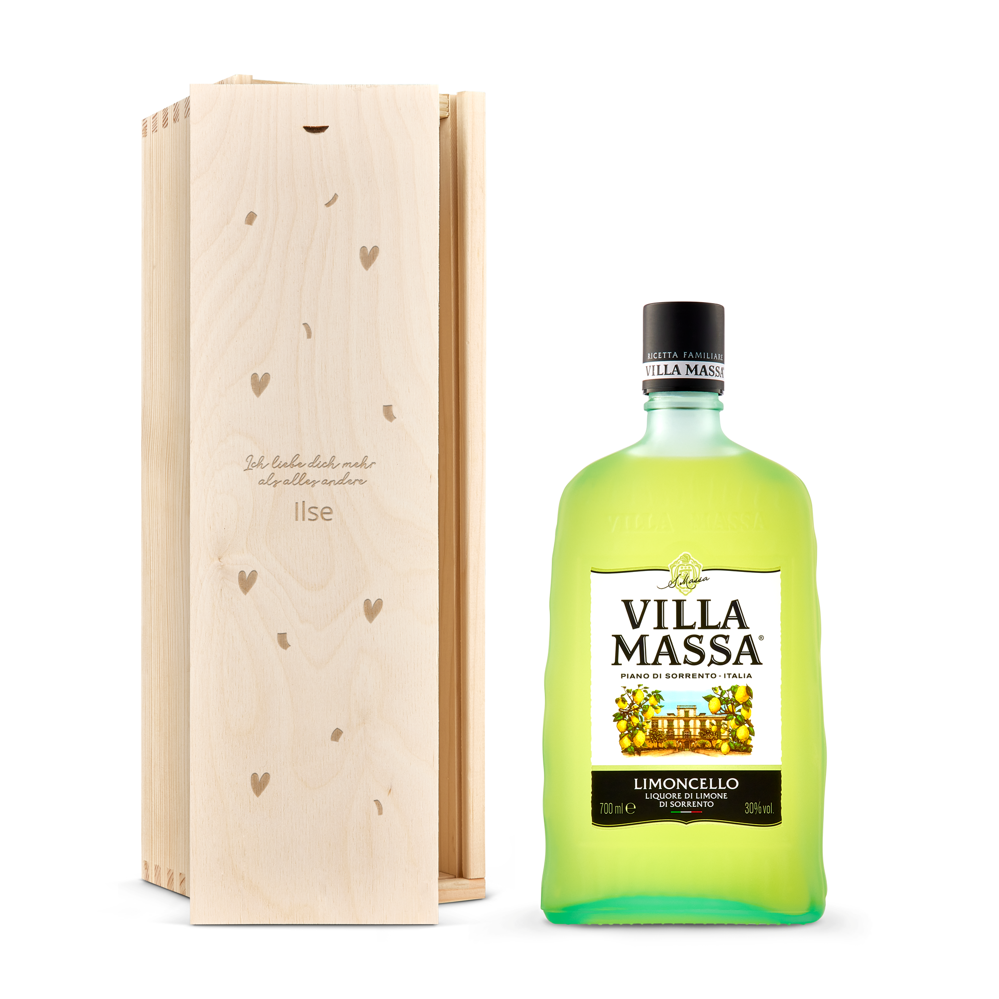 Likör in gravierter Holzkiste - Limoncello Villa Massa