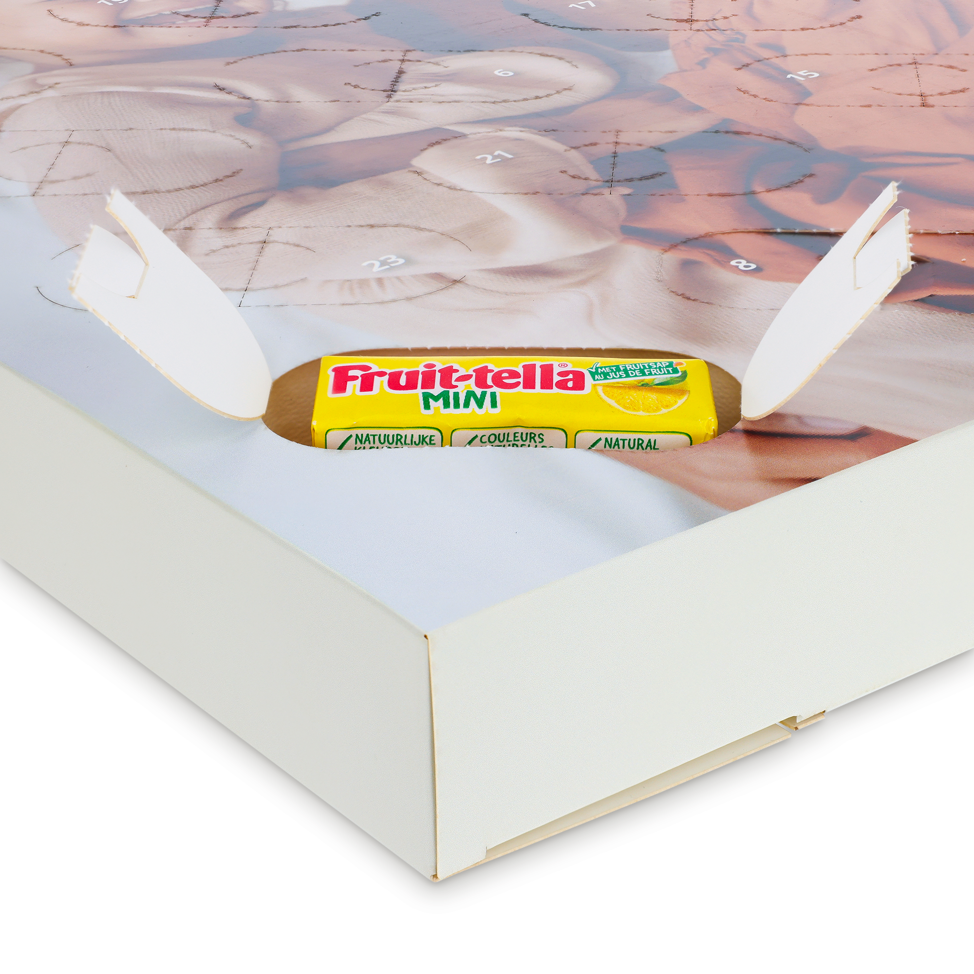 Gepersonaliseerde snoep adventskalender met Fruit-tella, bedrukt met eigen foto.