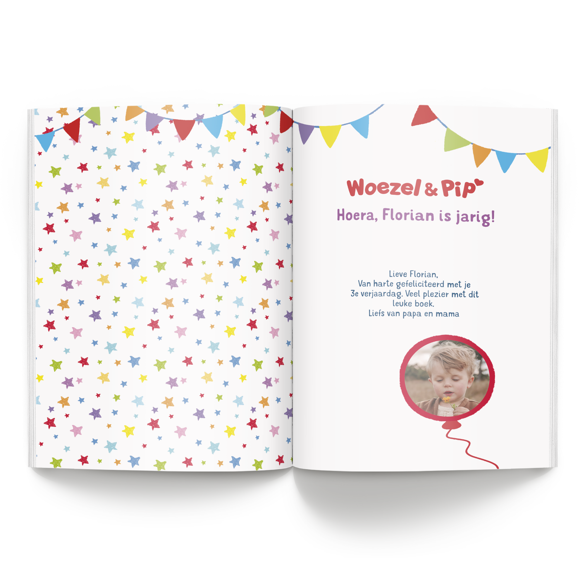 Woezel & Pip boek met naam en foto - Verjaardag - XL (Softcover). Gepersonaliseerd verjaardagsboek met tekst voor Florian en een foto in een ballon.