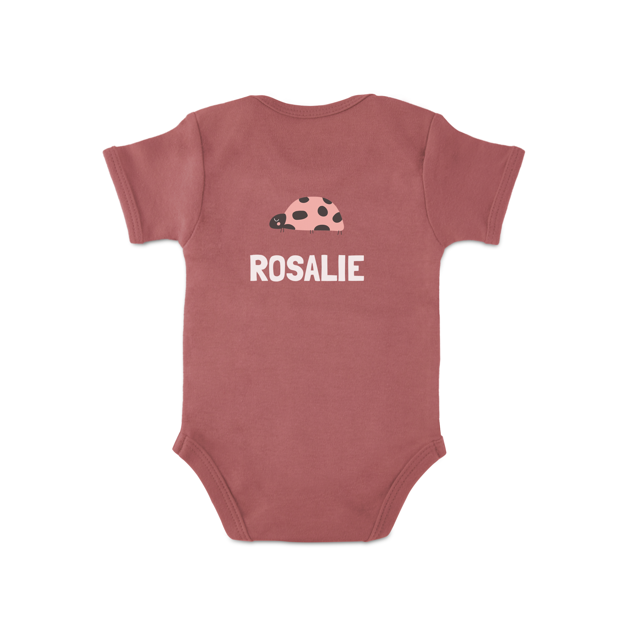 Rosa Babybody bedruckt mit einem niedlichen Marienkäfer und dem Namen Rosalie