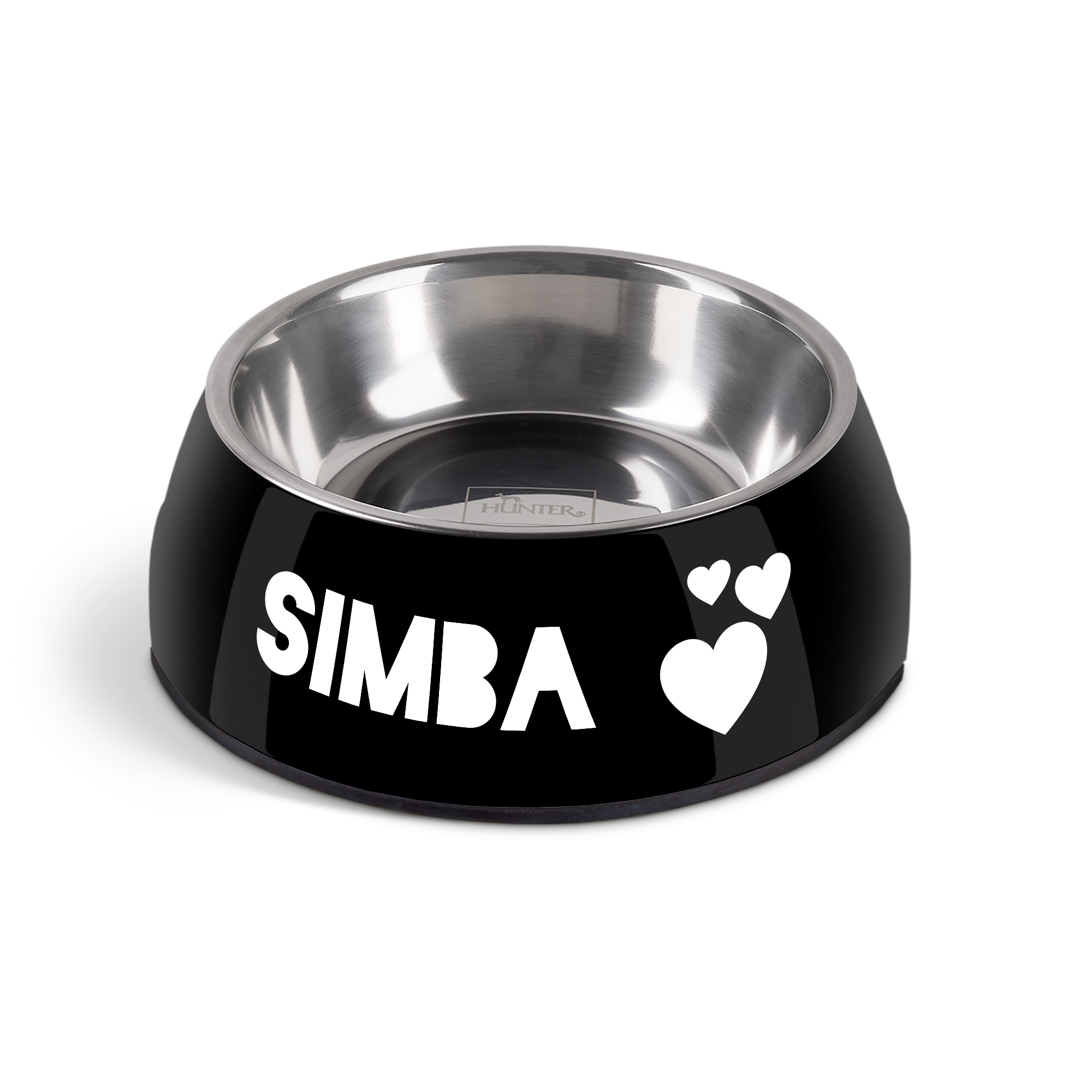 Sort personlig madskål til hund med navnet SIMBA og hjerter trykt i hvid på siden