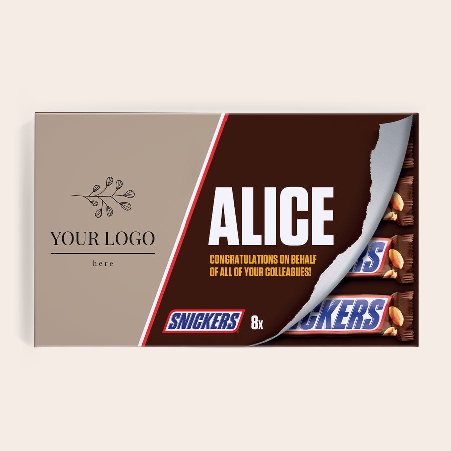 Snickers darčeková krabička Darčeková krabička Snickers s menom Alice a potlačeným logom, ideálna na mieru.