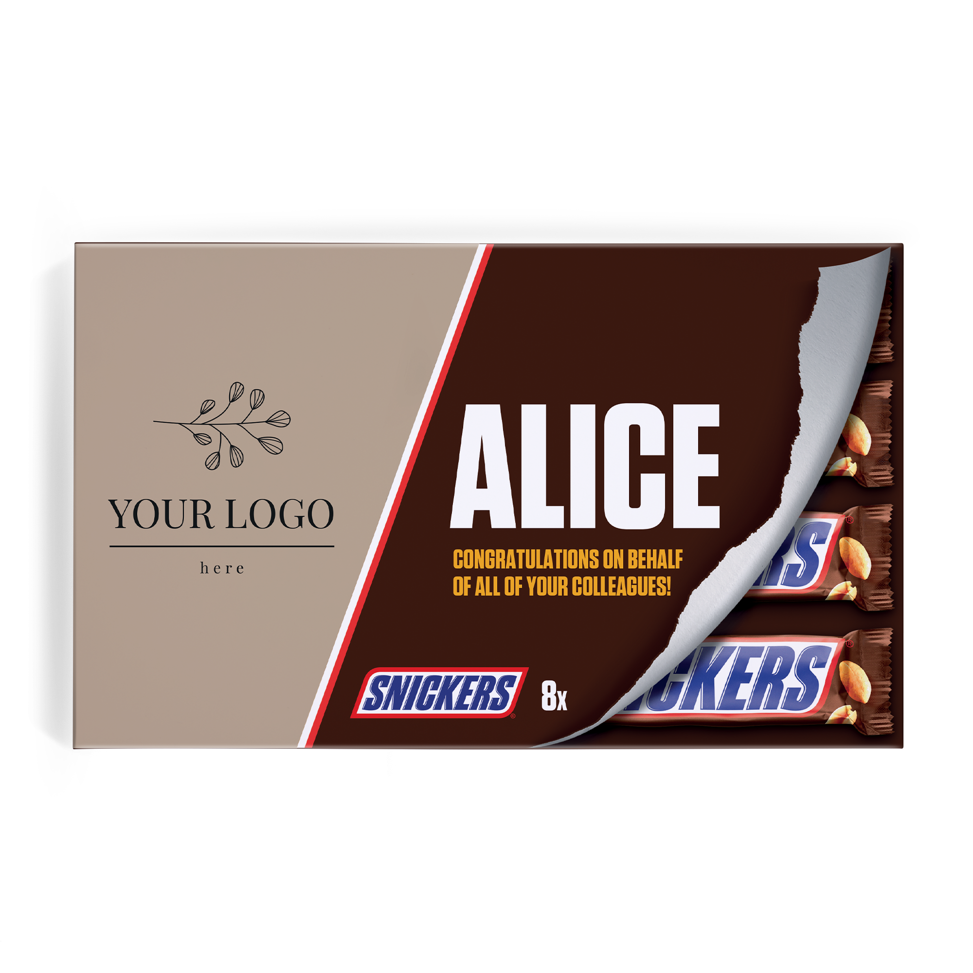 Személyre szabott Snickers díszdoboz Alice névvel és üzenettel nyomtatva