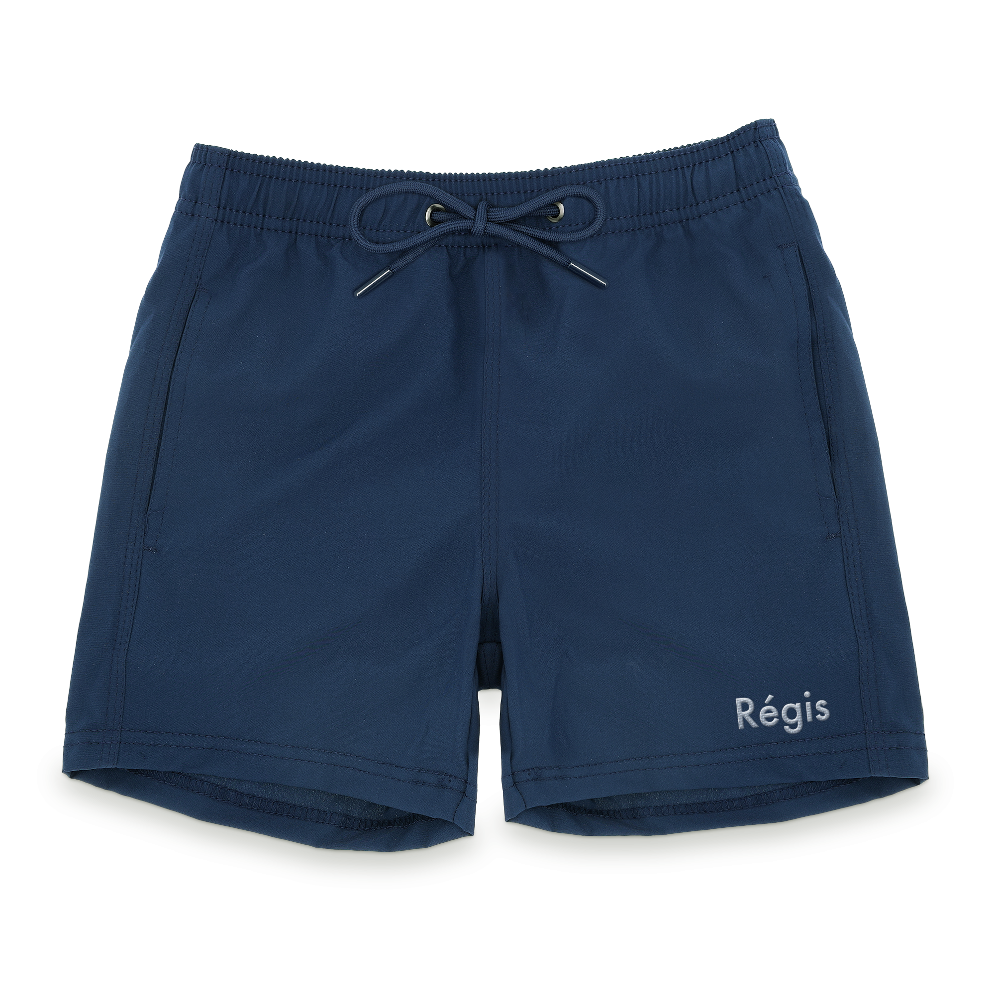 Short de bain bleu marine personnalisé pour homme avec prénom Régis brodé en blanc