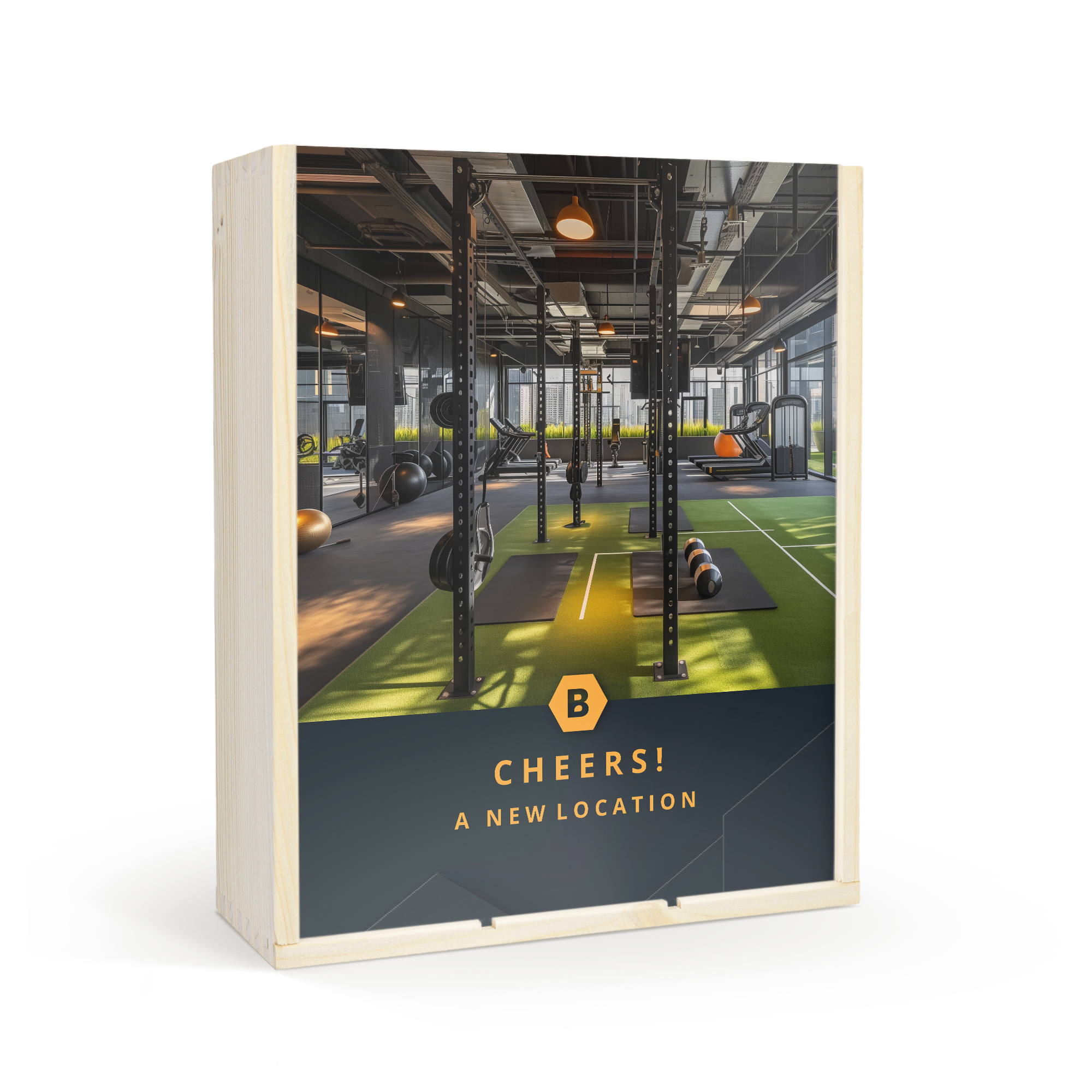 Coffret de luxe en bois avec impression personnalisée d'un logo B et du texte Cheers A New Location.