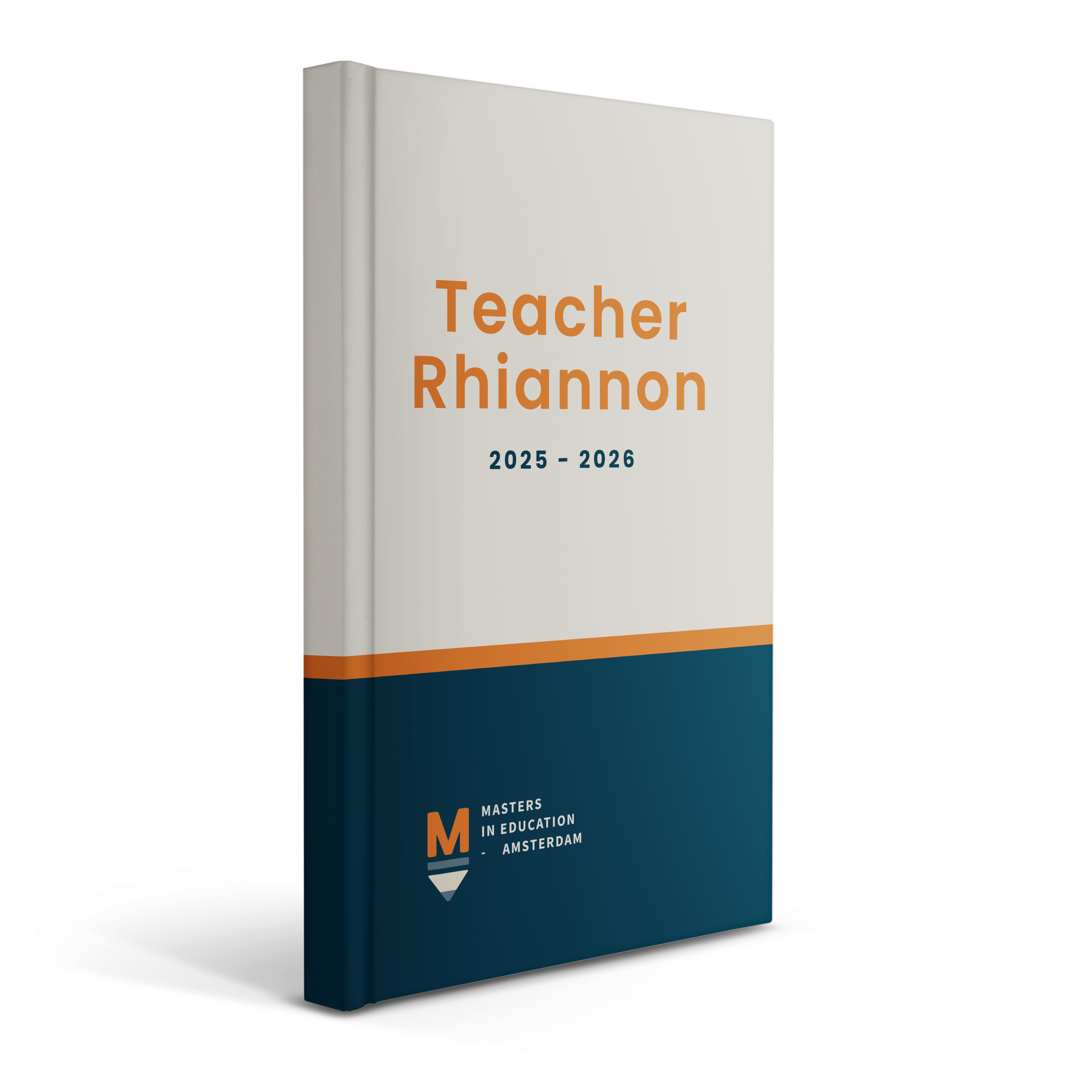 Henkilökohtainen koulupäiväkirja, jossa oranssi ja sininen teema. Kansi on painettu tekstillä Teacher Rhiannon 2025 - 2026.