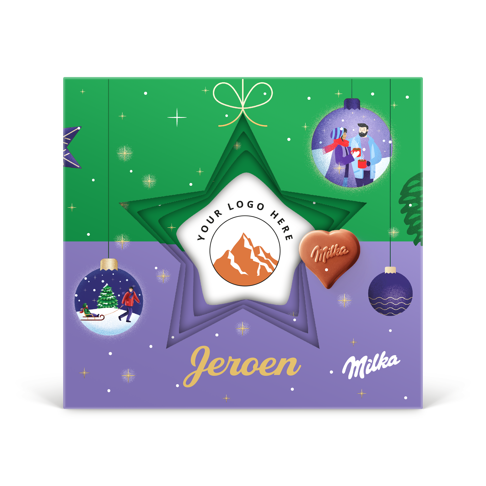 Milka 3D giftbox - Kerstmis met persoonlijke naam Jeroen en eigen logo in een ster uitgesneden, inclusief Milka hartje.