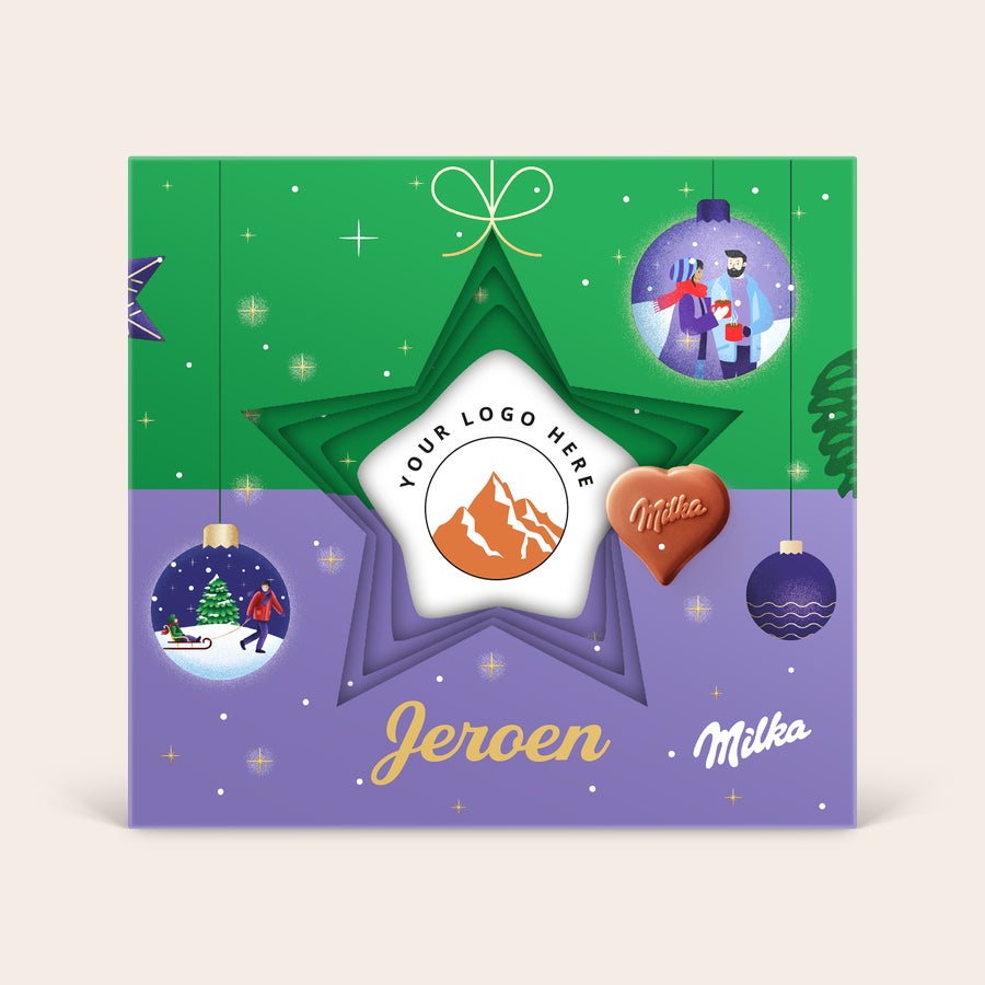Milka 3D giftbox - Kerstmis Milka 3D giftbox - Kerstmis met persoonlijke naam Jeroen en eigen logo in een ster uitgesneden, inclusief Milka hartje.