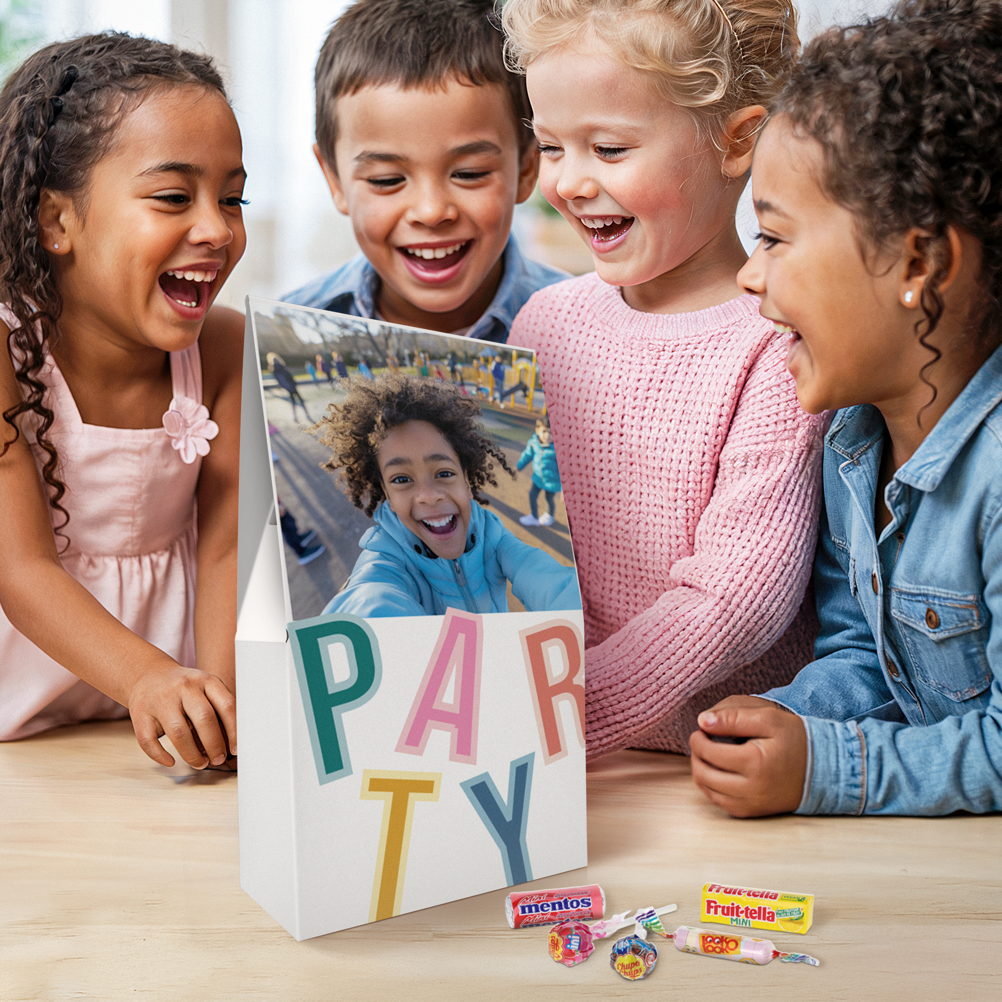 Four happy children looking at a personalised candy mix pouch printed with a photo of a child and the word PARTY.
