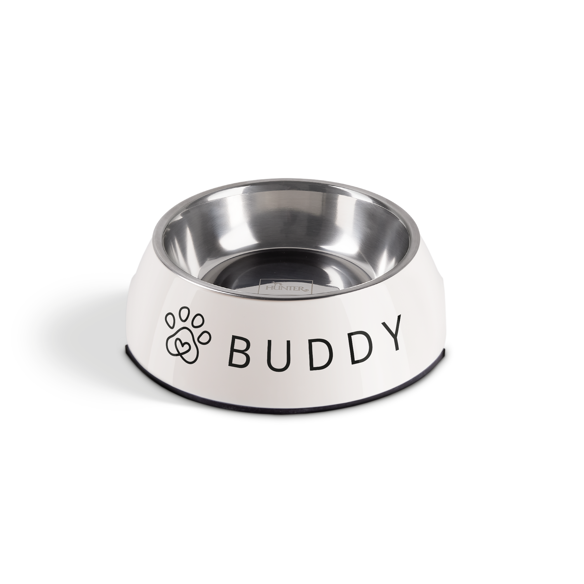 Tigela de alimentação pessoal para cachorro branca com nome Buddy e estampa de patinha gravados
